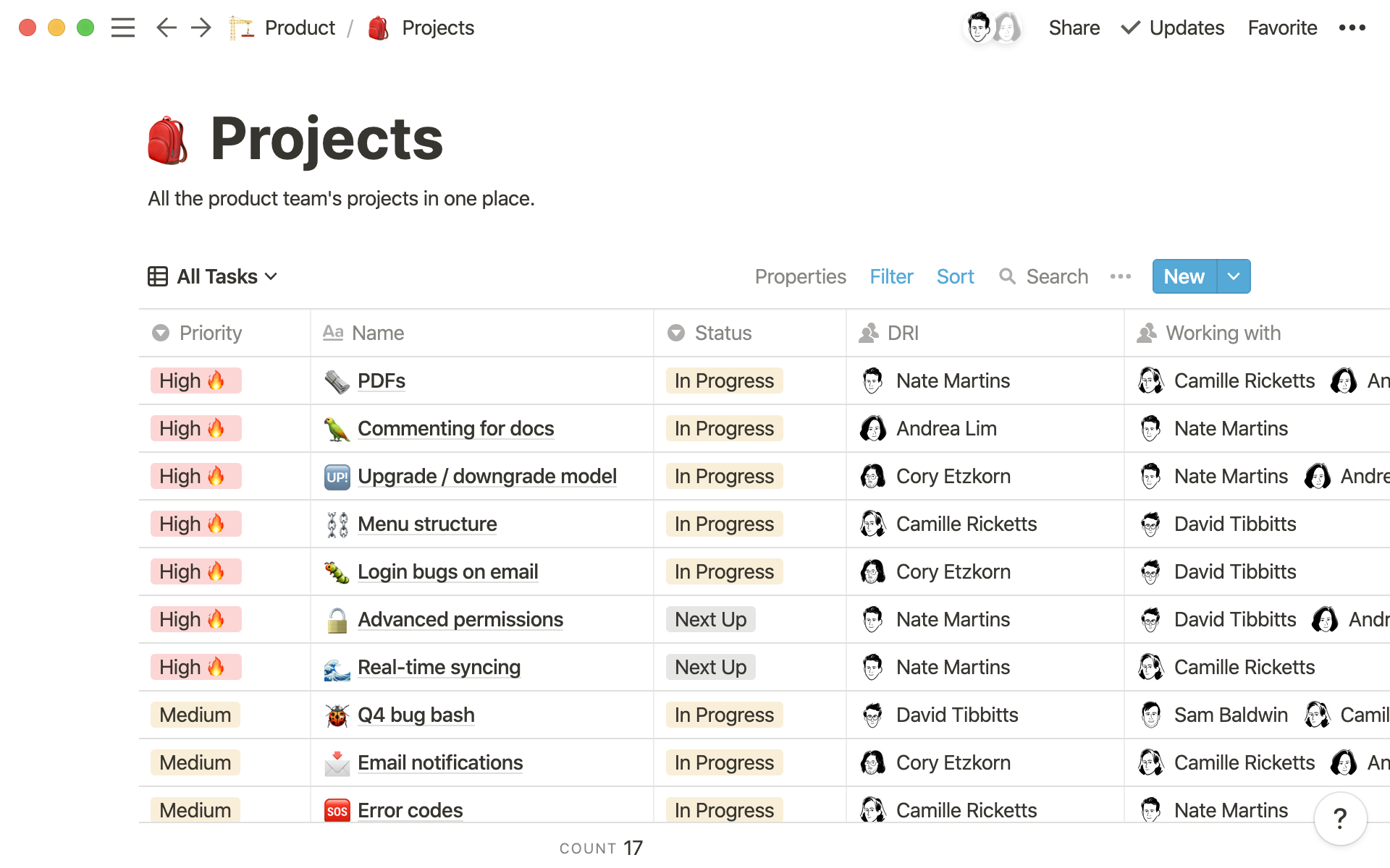 Here are some of the properties you can use to organize your work in your Projects database.