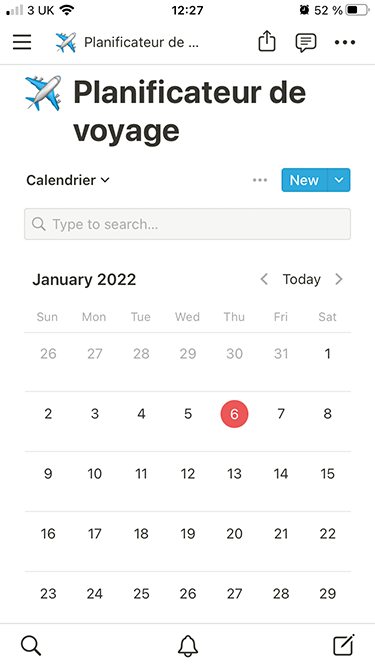 Une capture d’écran d’un calendrier dans l’application mobile de Notion