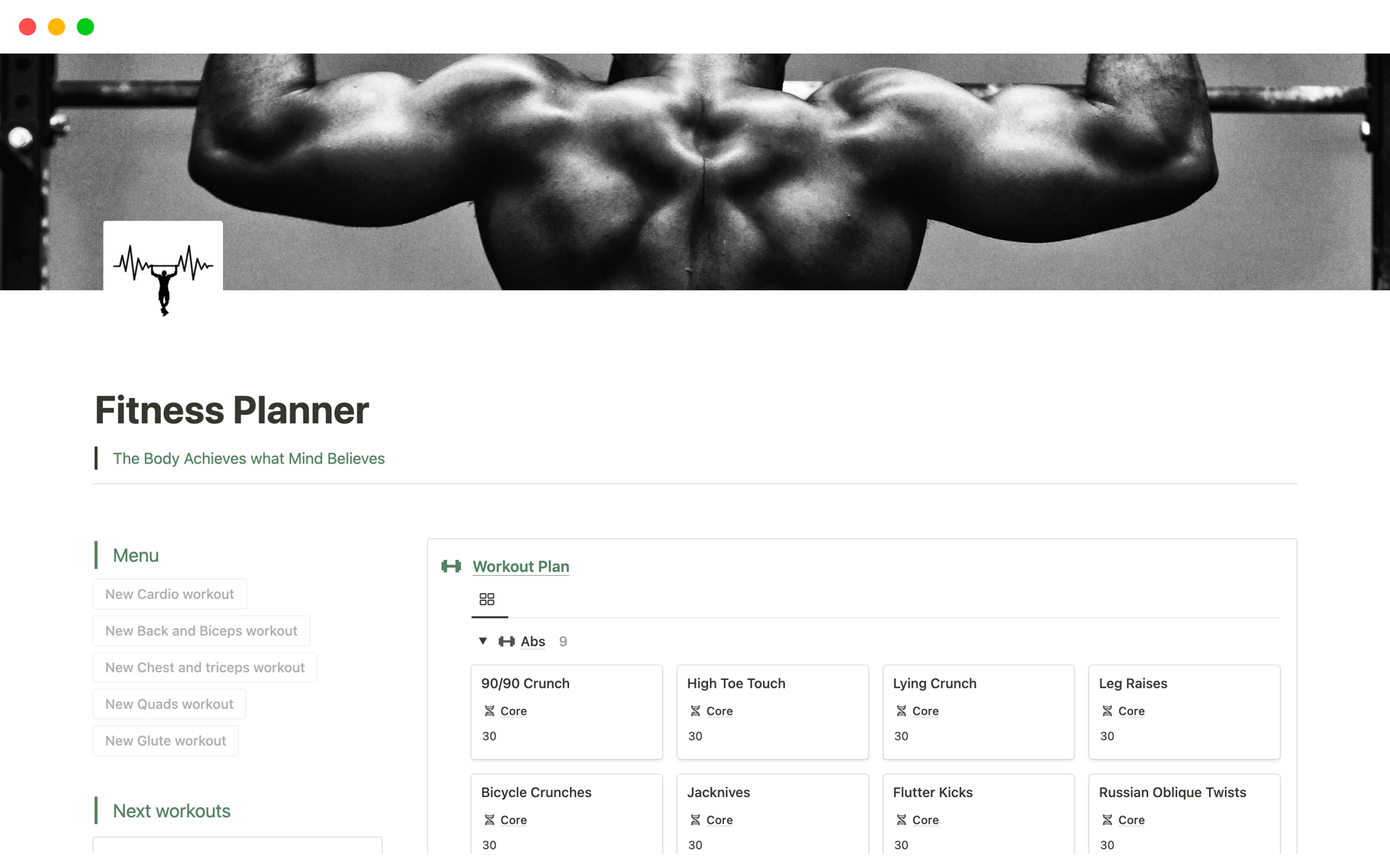 A template preview for Top 10 Free Fitness Routine Templates in Notion