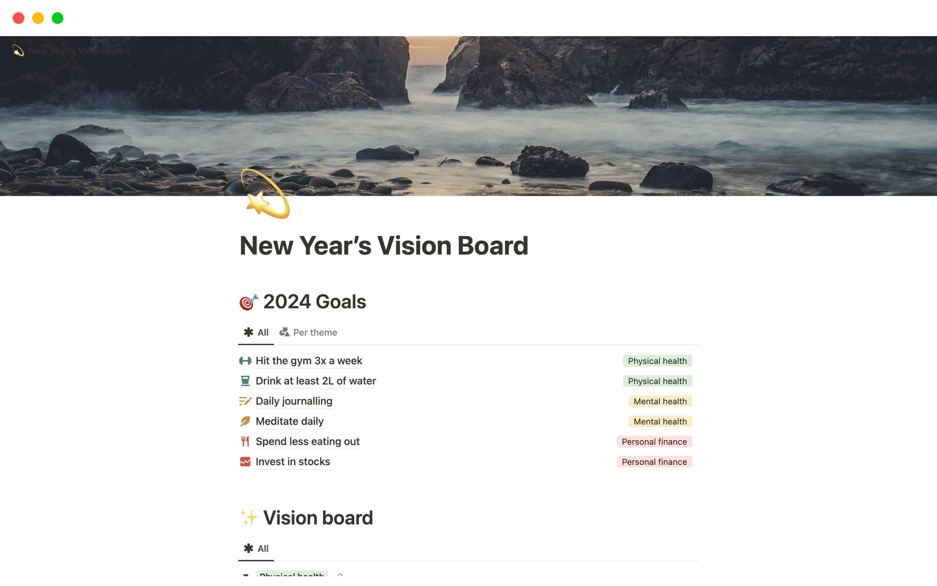 Captura de pantalla de la colección Paquete de organización personal 2023 creada por Notion