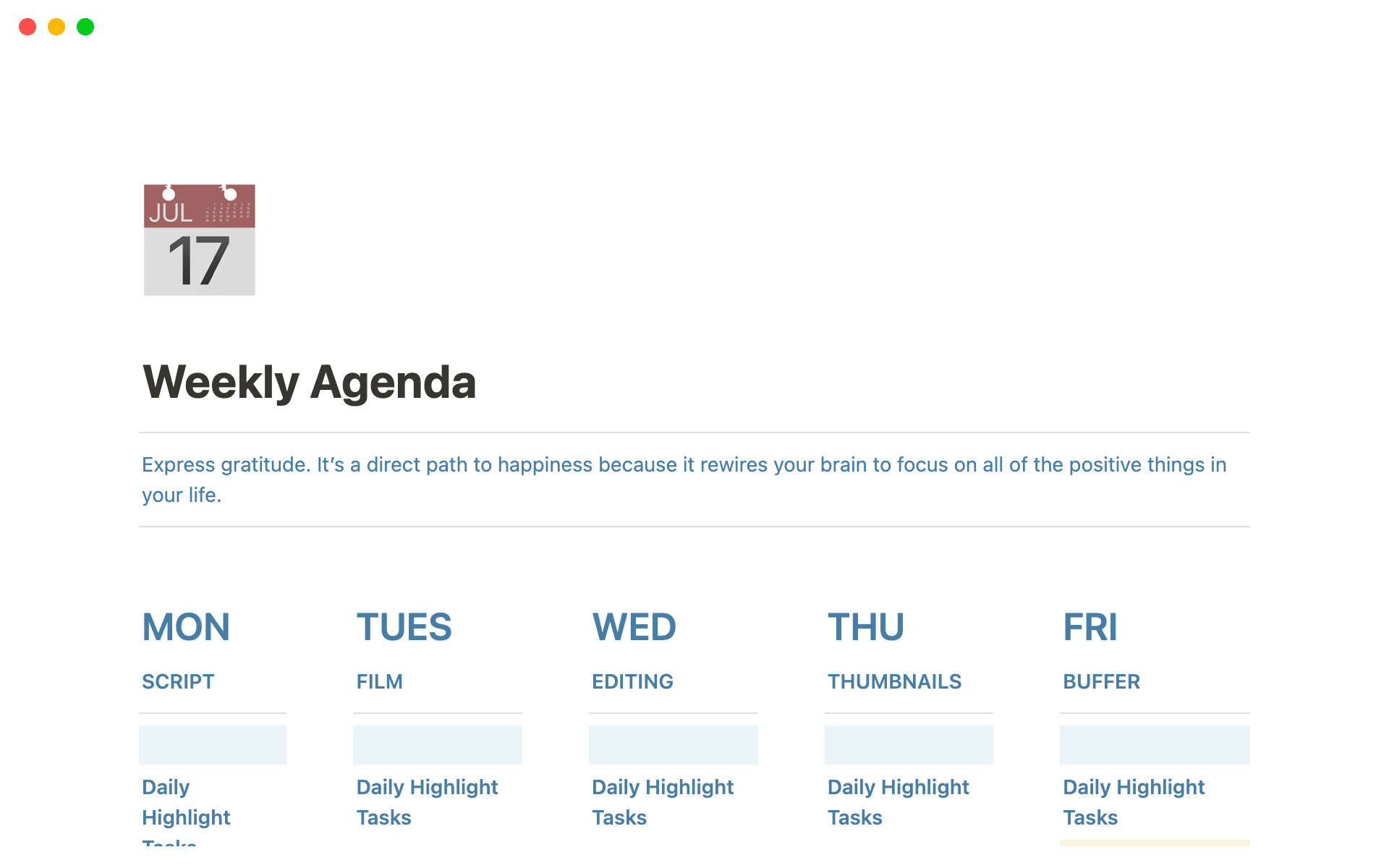 A template preview for Top Free Weekly Agenda Templates in Notion