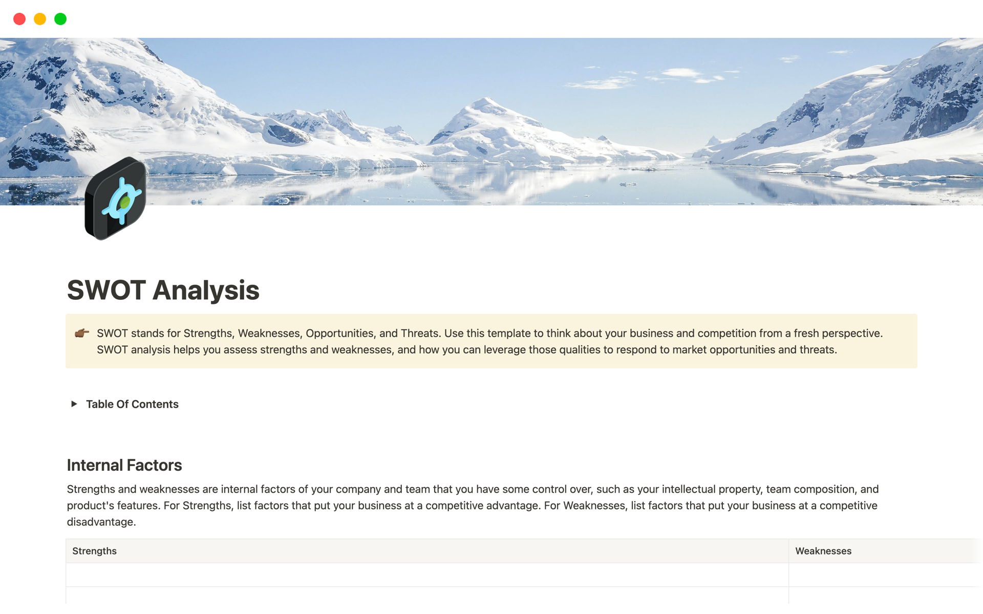 Screenshot of Top SWOT Analysis Templates in Notion collection by Notion