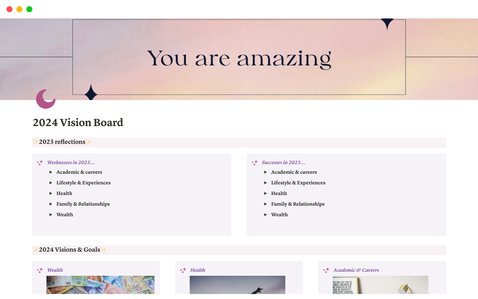 A template preview for Top 10 Paid Vision Board Templates in Notion