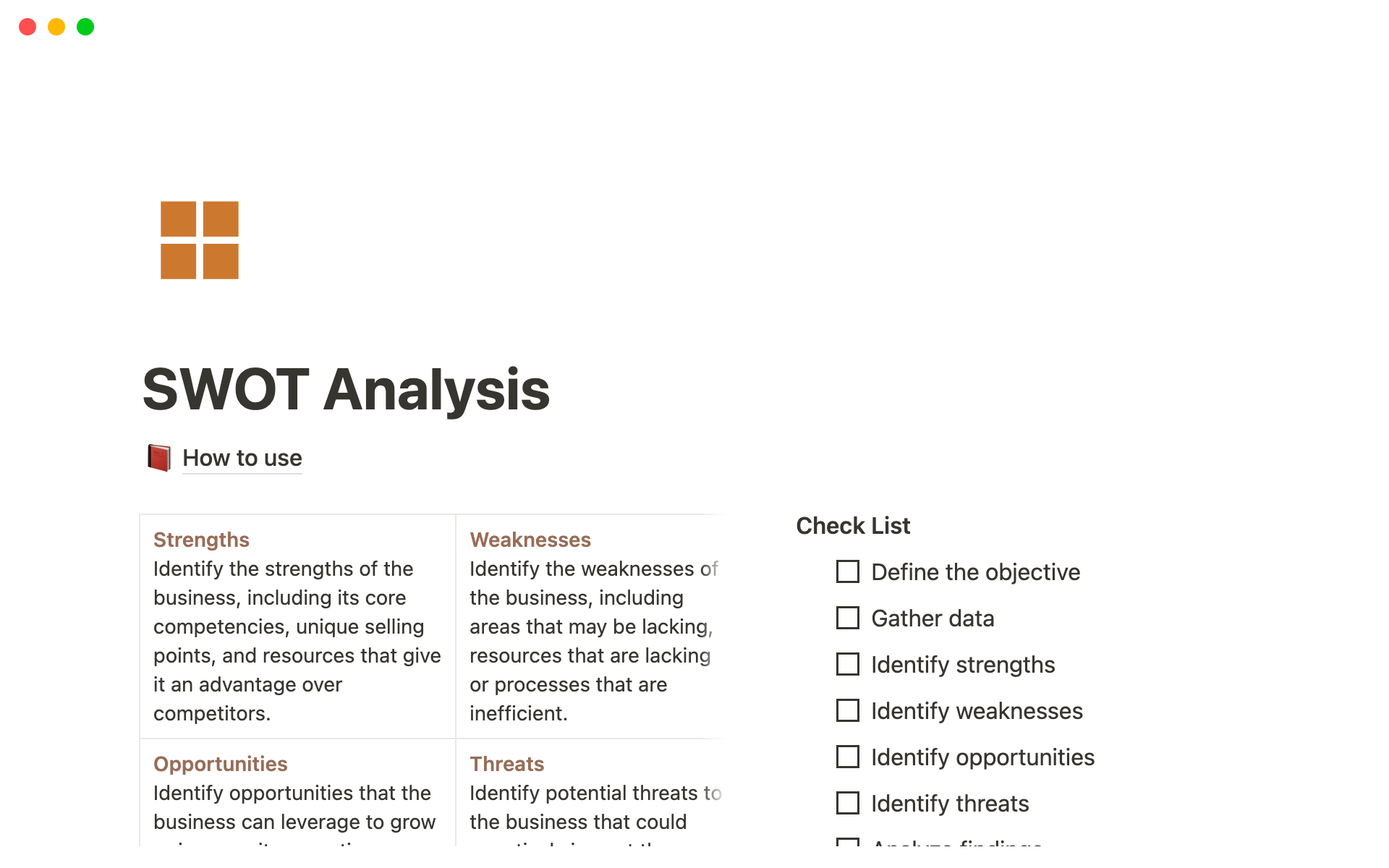 Captura de pantalla de la colección Top SWOT Analysis Templates for Facilities Managers creada por Notion