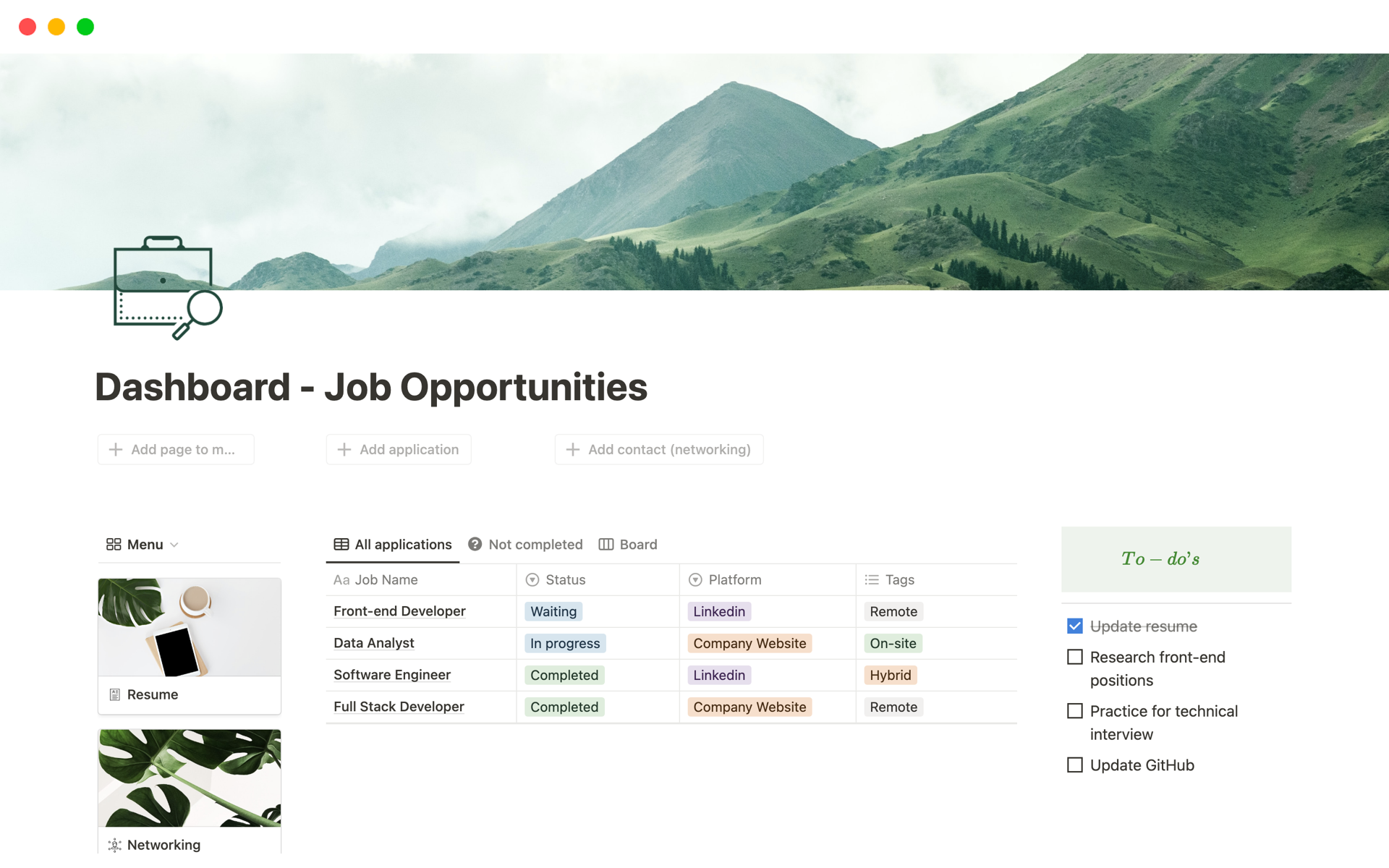 A template preview for Top 10 Paid Job Application Tracking Templates in Notion