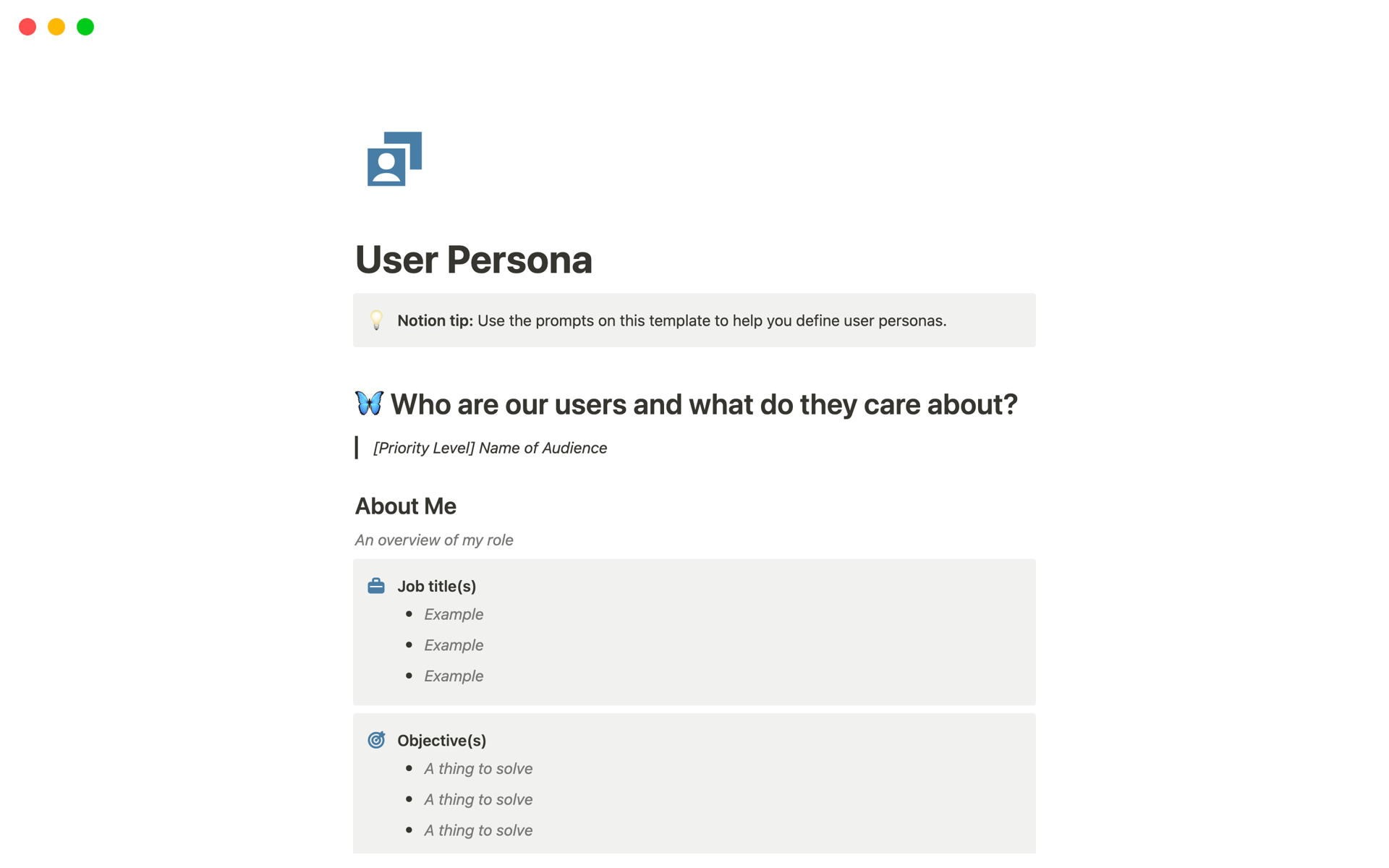 A template preview for Top Free User Persona Templates in Notion