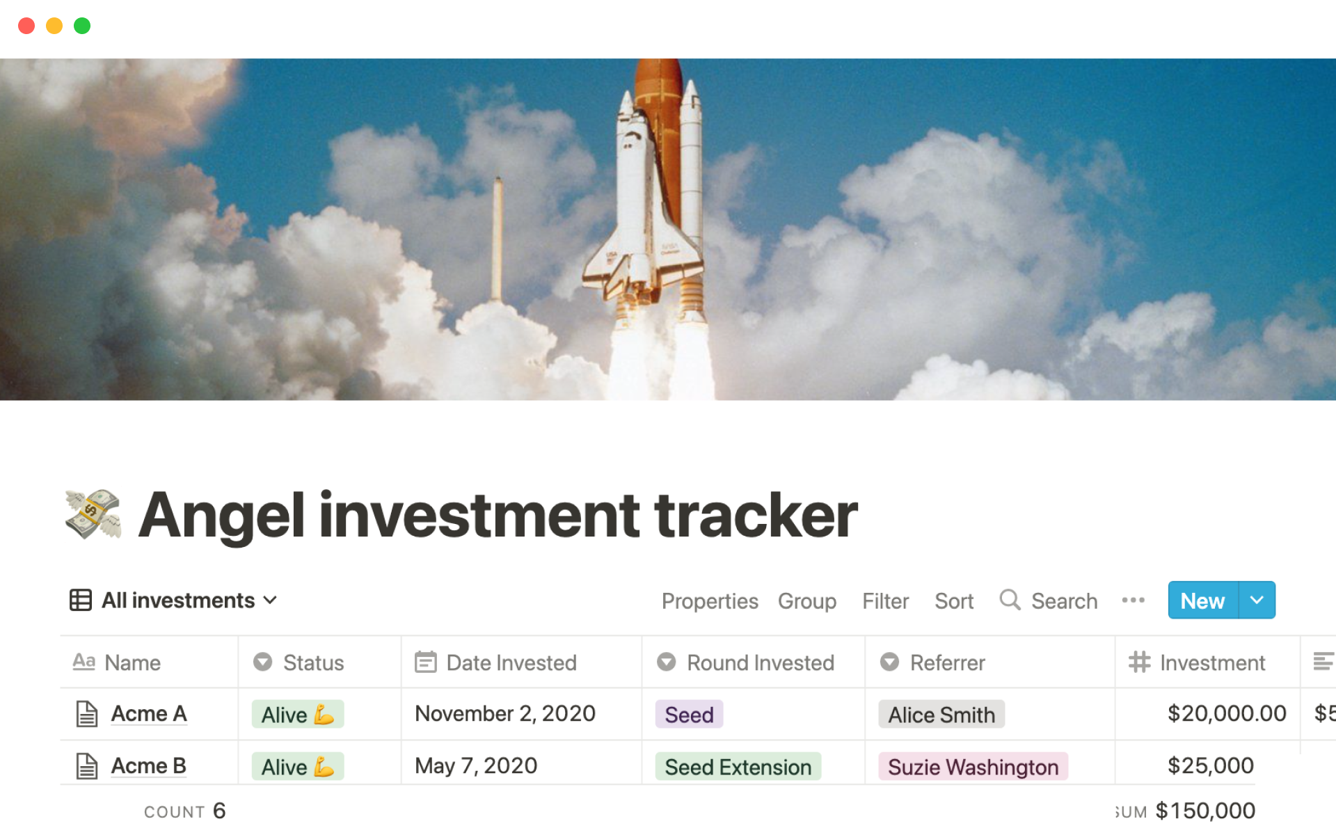 A template preview for Top 8 Startup Investing Templates in Notion