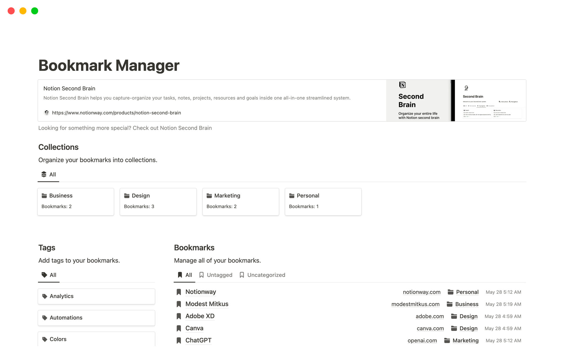 A template preview for Top Bookmark Manager Templates in Notion