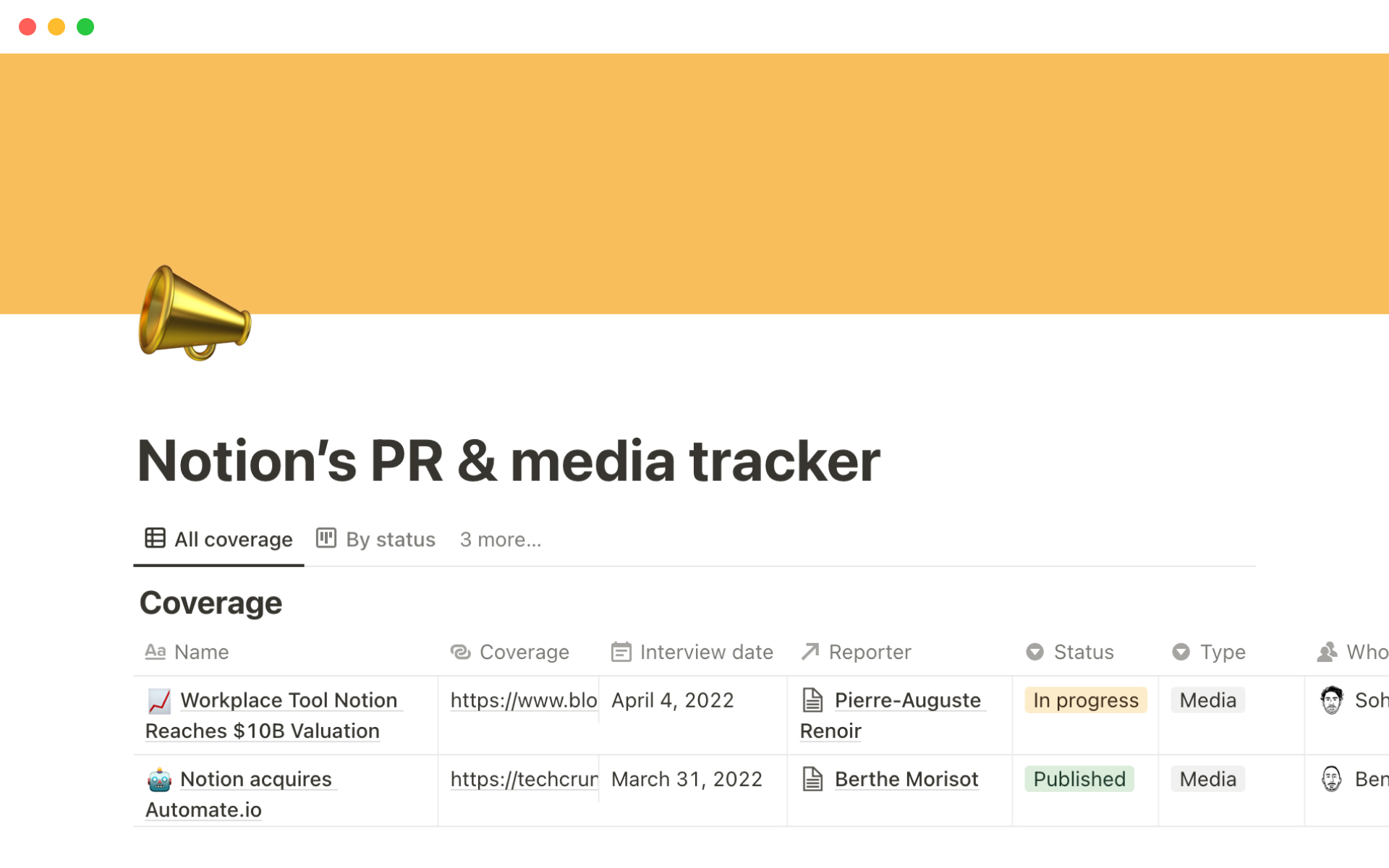 Captura de pantalla de la colección Best 3 Press Tracking Templates for Marketing Analysts creada por Notion