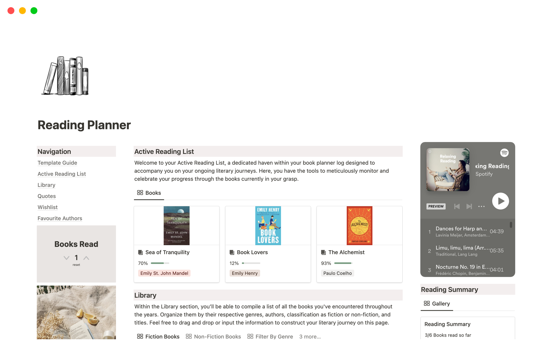 A template preview for Top 10 Free Reading List Templates in Notion
