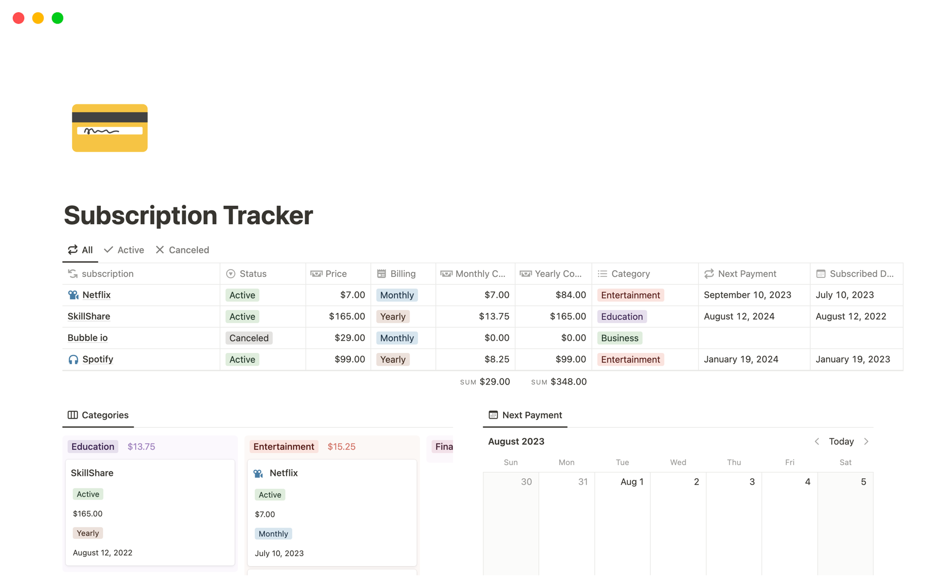 A template preview for Top 10 Paid Subscription Tracker Templates in Notion