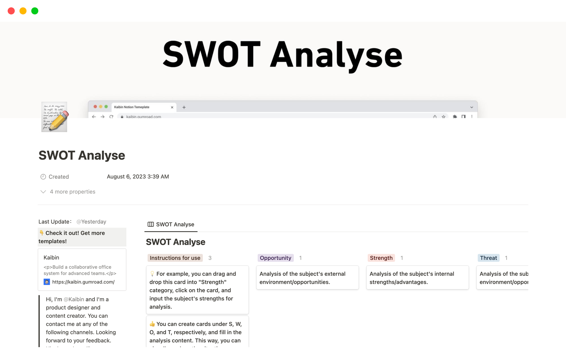 A template preview for Top SWOT Analysis Templates in Notion