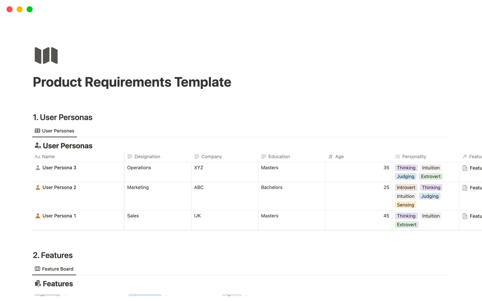 A template preview for Top Paid Product Requirements Templates in Notion