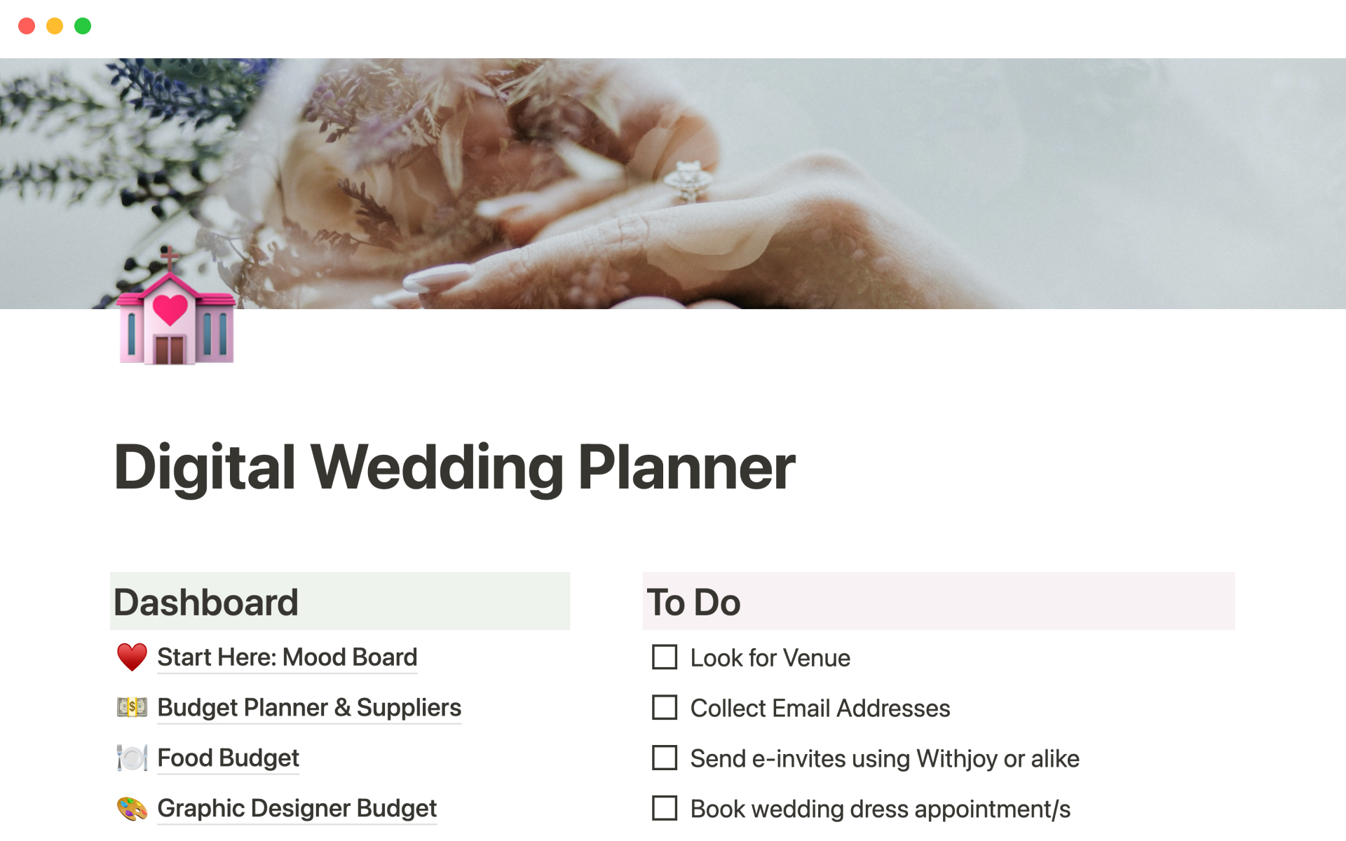 A template preview for Top 10 Free Weddings Templates in Notion