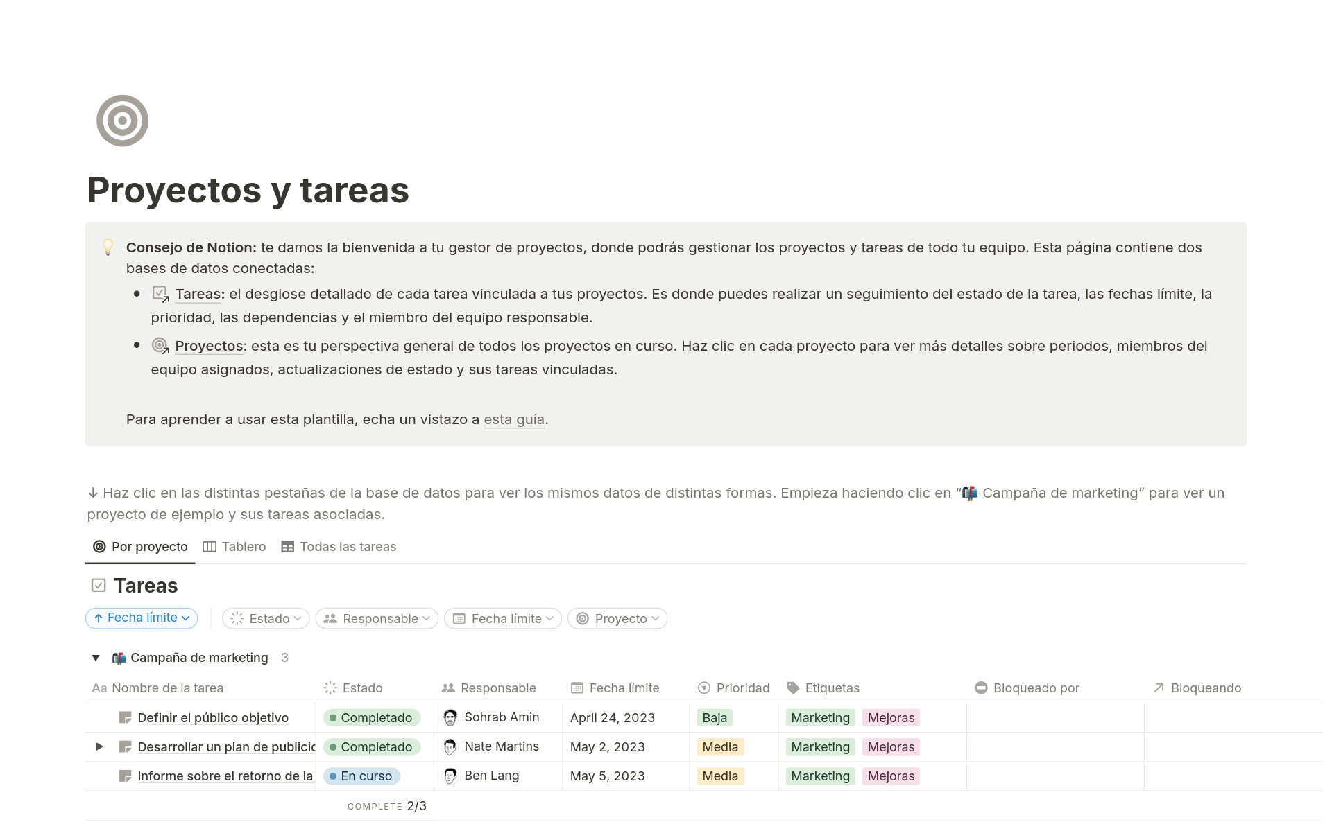 A template preview for 5 formas fundamentales de usar Notion Projects
