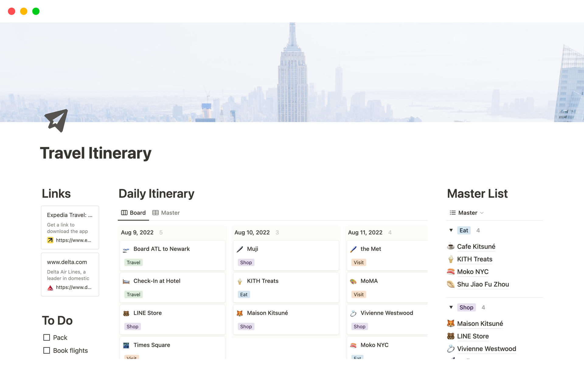 A template preview for Top 10 Paid Itinerary Templates in Notion