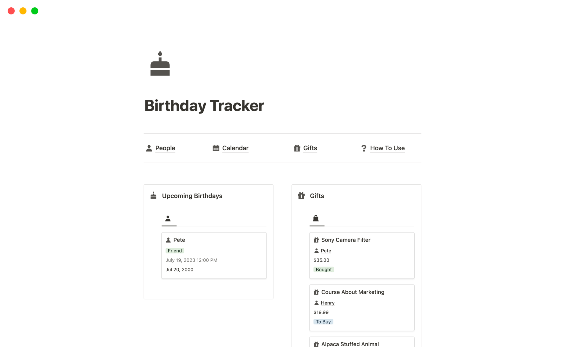 A template preview for Top Birthday Tracker Templates in Notion