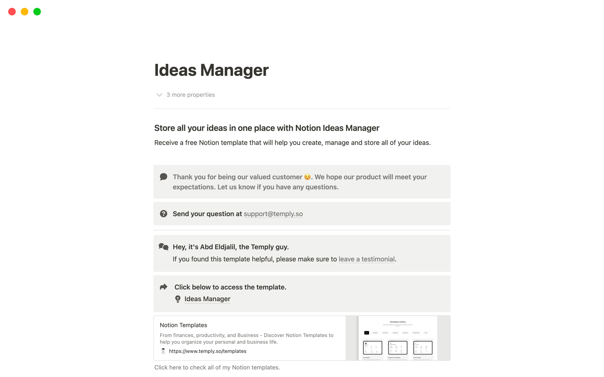A template preview for Ideas Manager