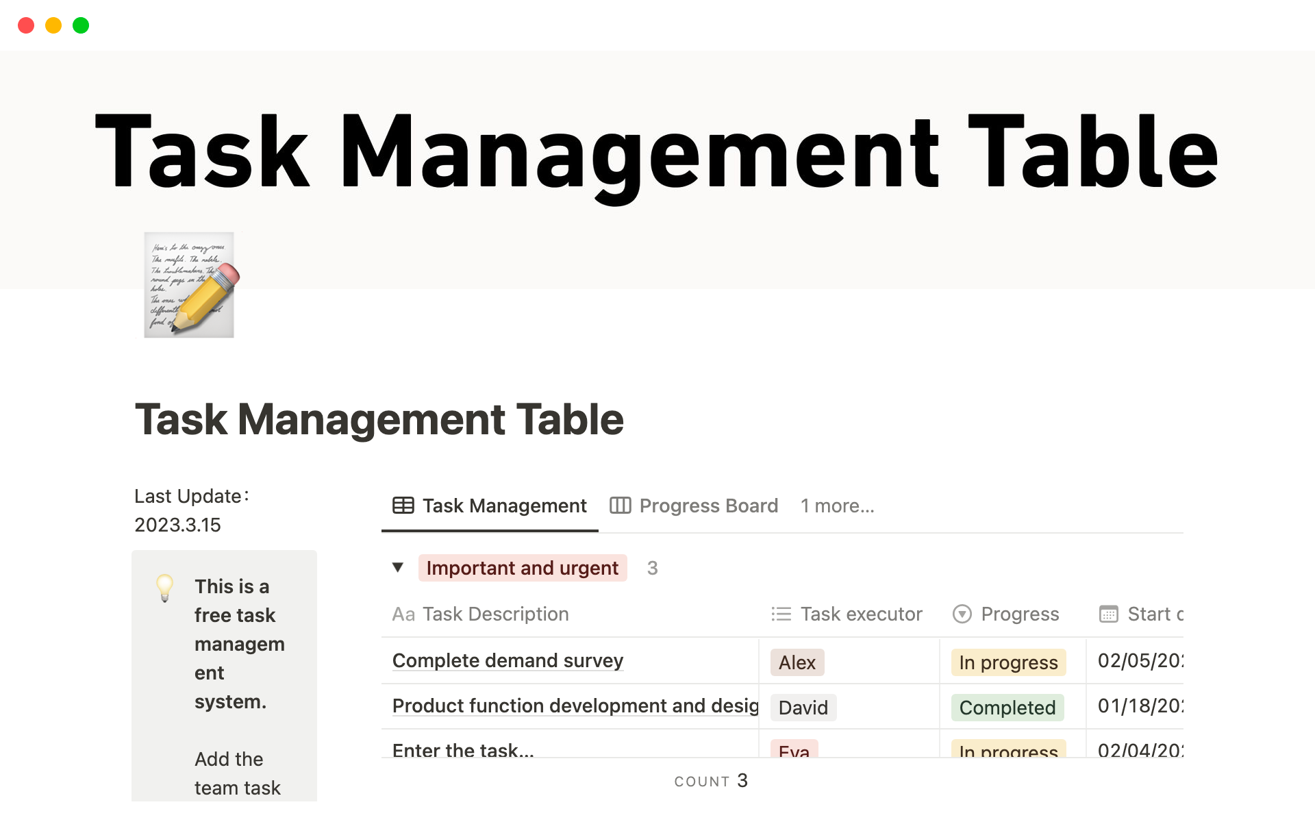 Eine Vorlagenvorschau für Task Management Table