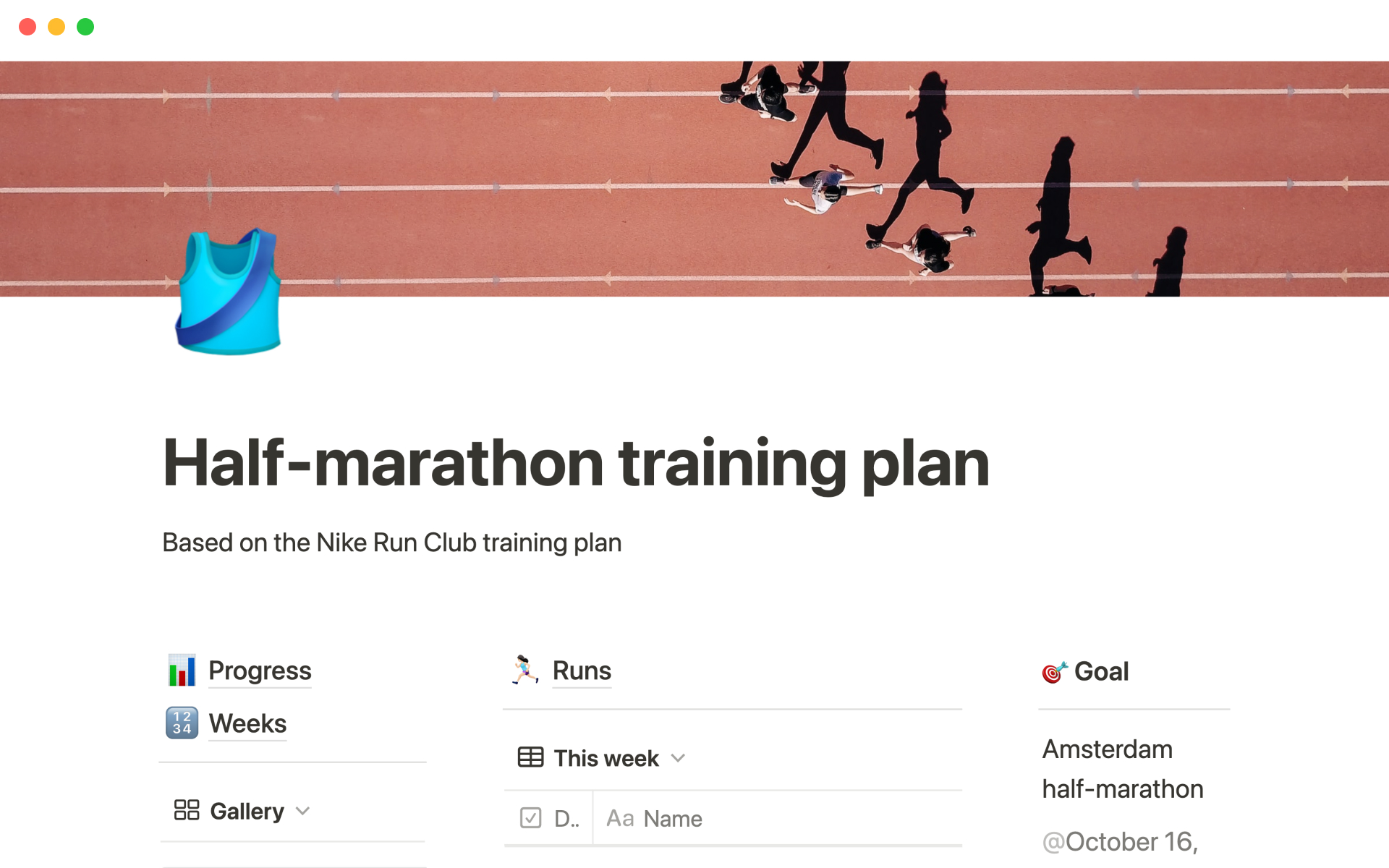 A template preview for NRC half-marathon training plan