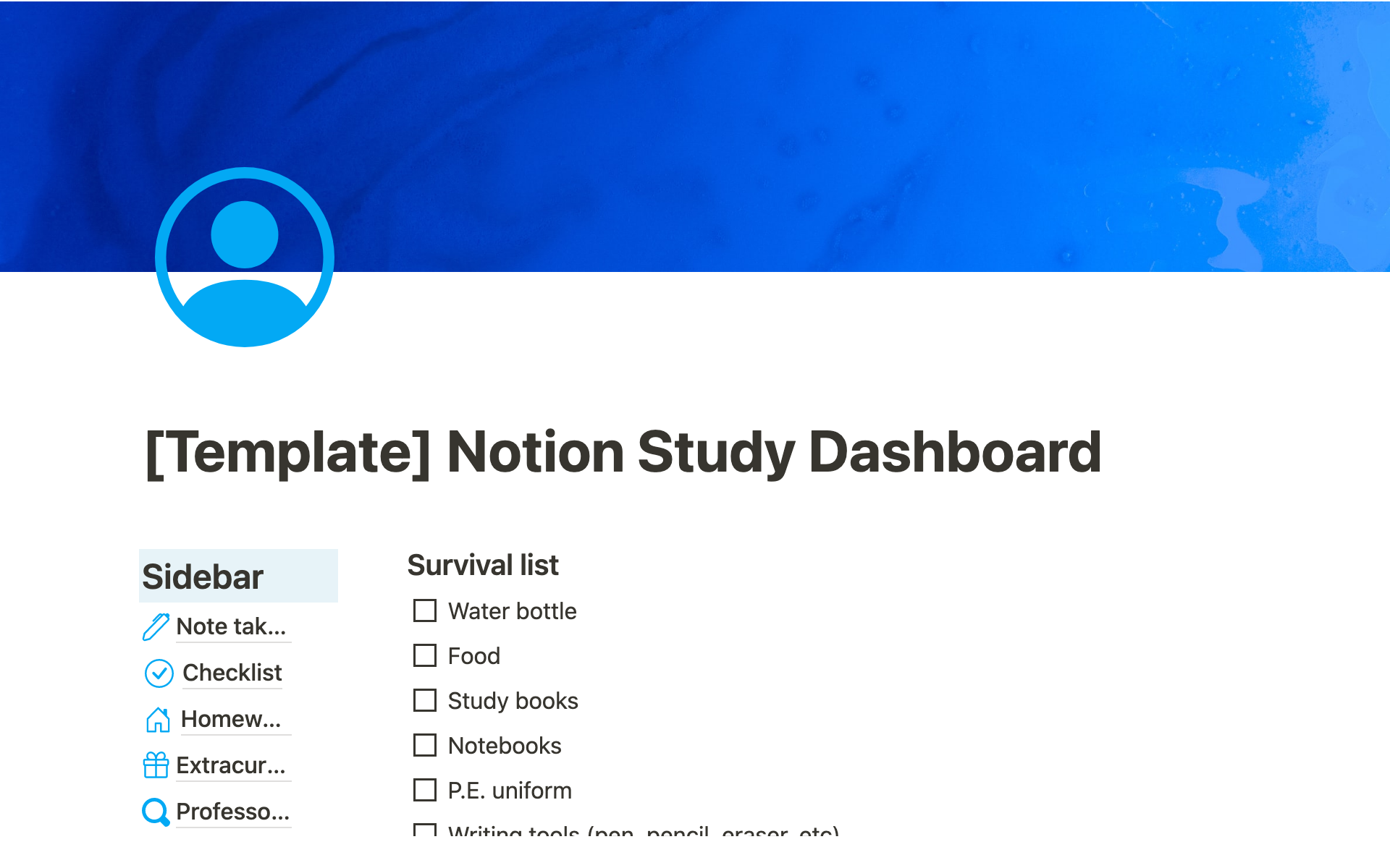 A template preview for Notion Study Dashboard