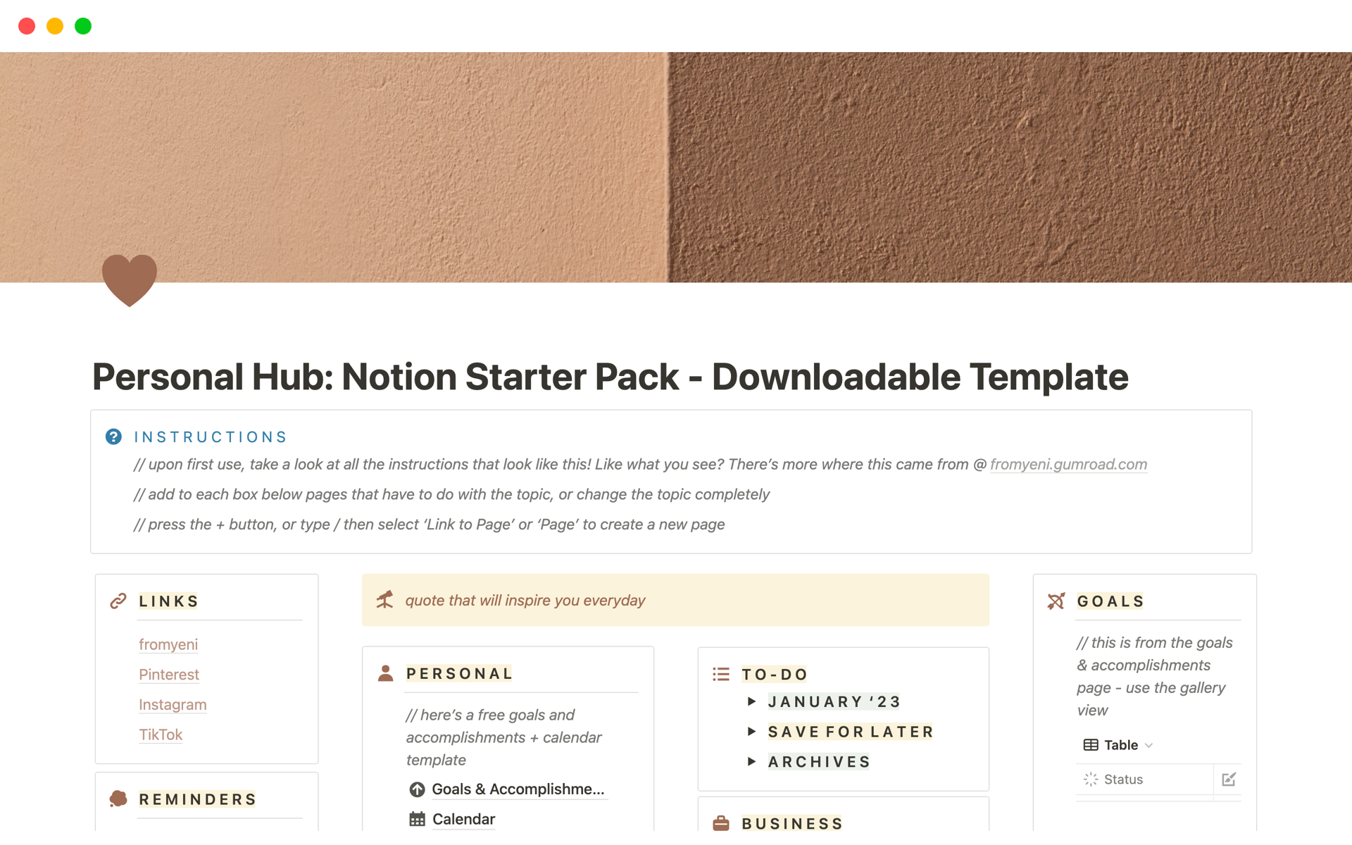 Aperçu du modèle de Personal Hub: Notion Starter Pack