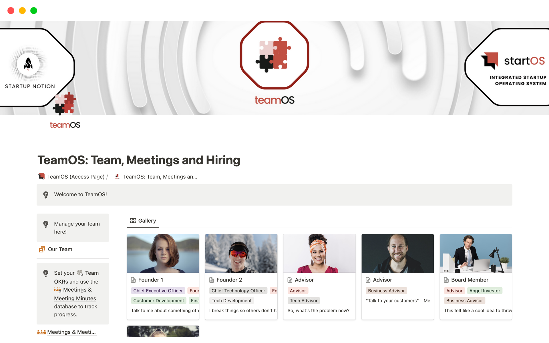A template preview for TeamOS: Team, Meetings and Hiring
