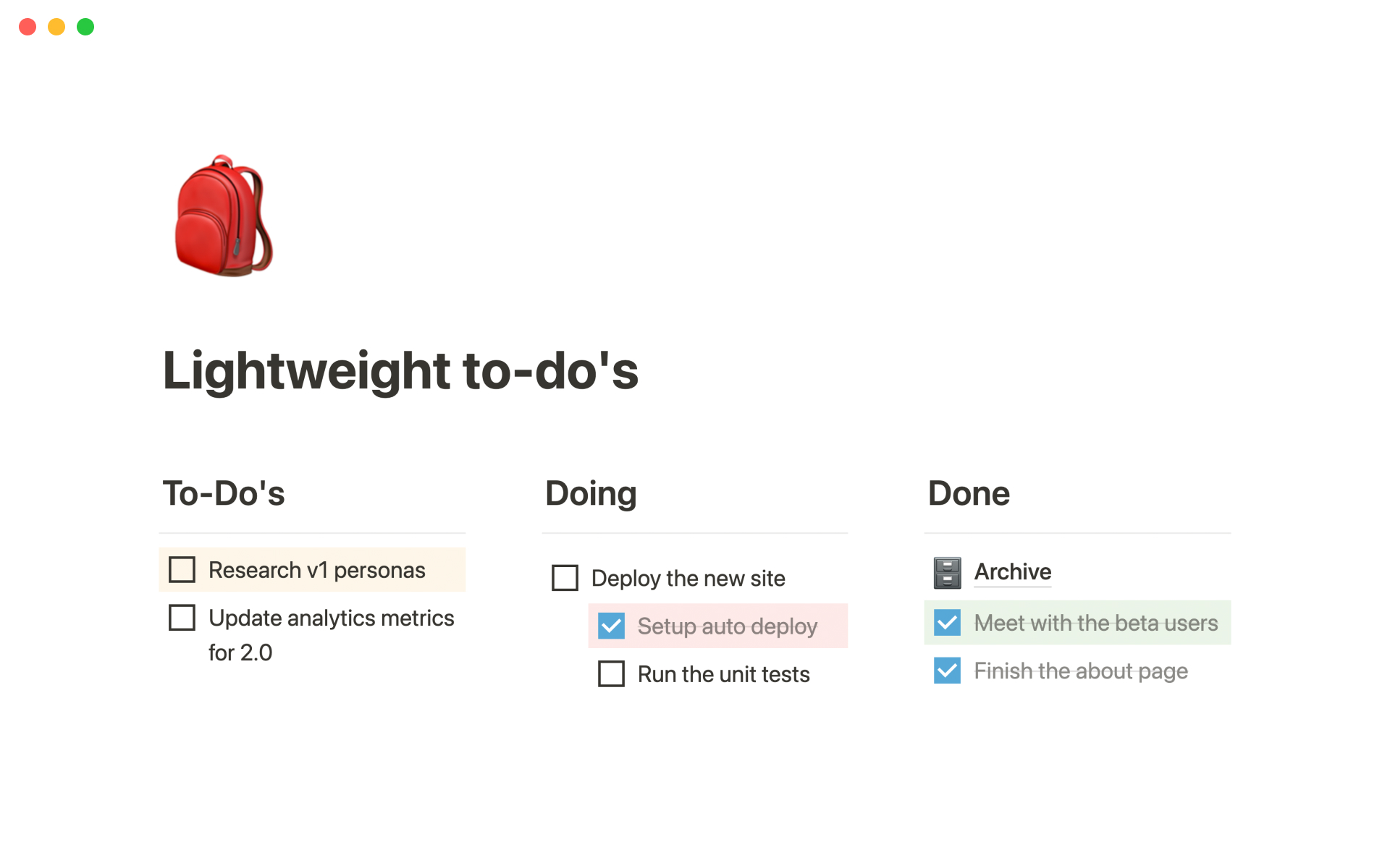 A template preview for Lightweight to-do's