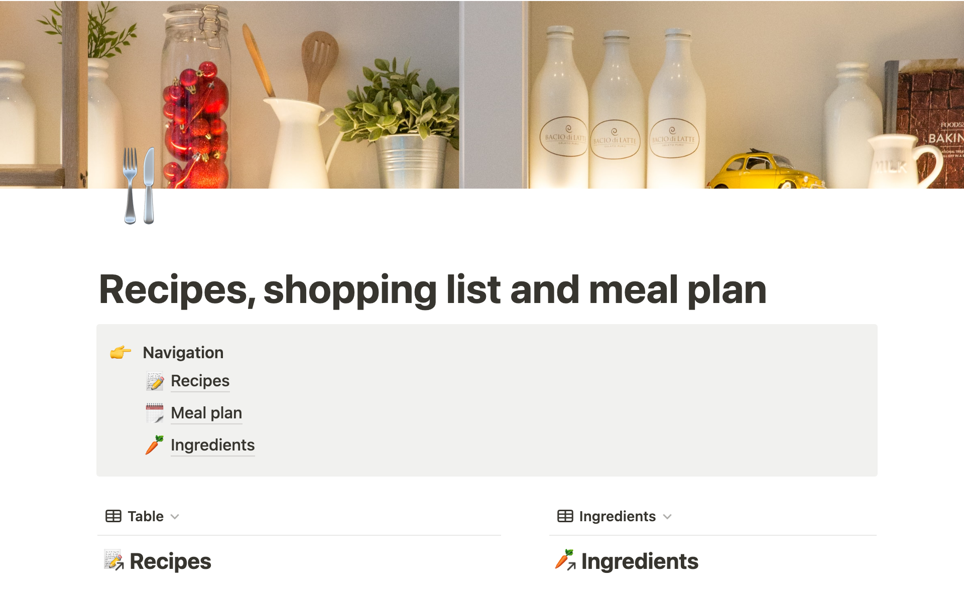 A template preview for Recipes, shopping list and meal plan