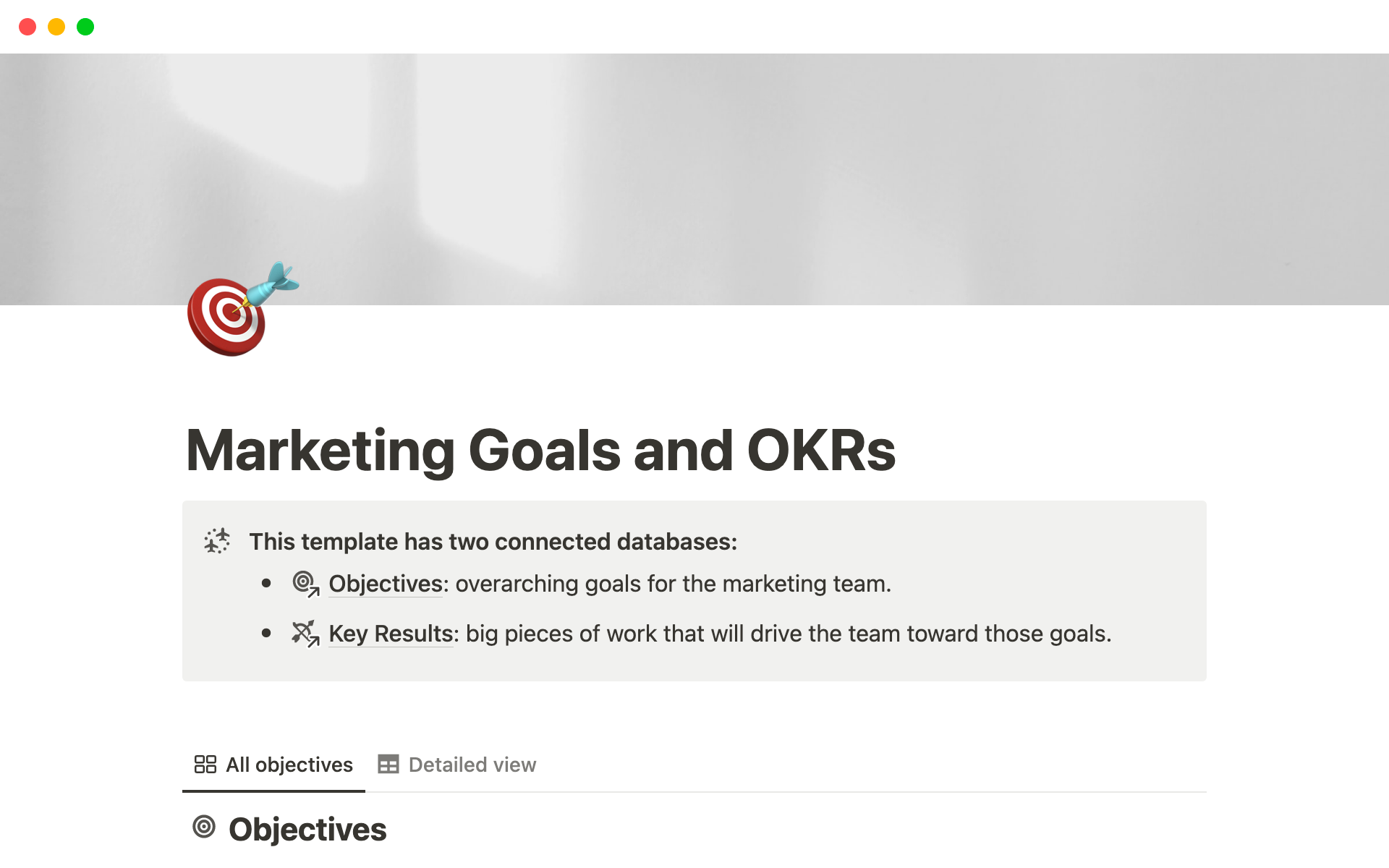 A template preview for Marketing Goals and OKRs