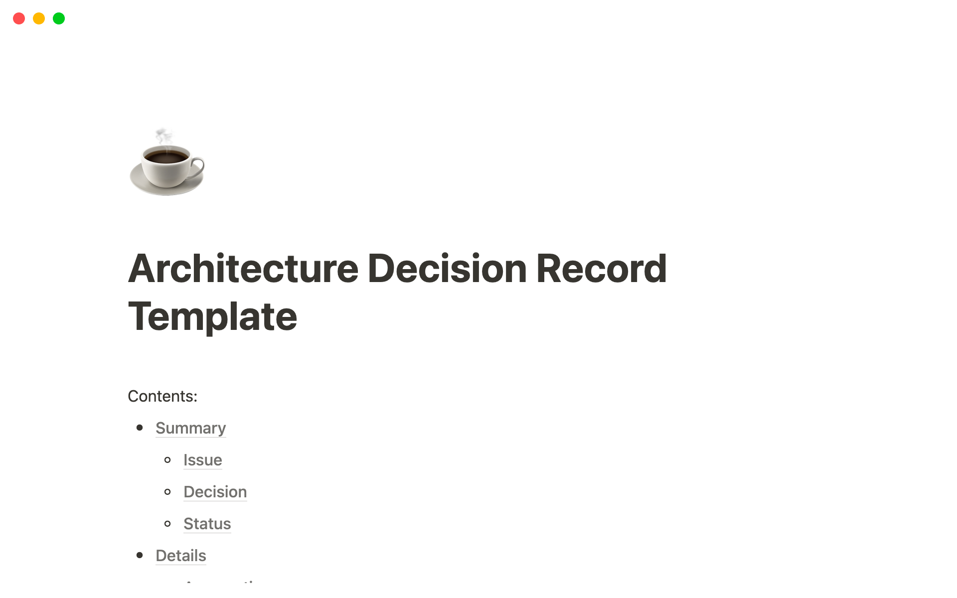 A template preview for Architecture Decision Record Template