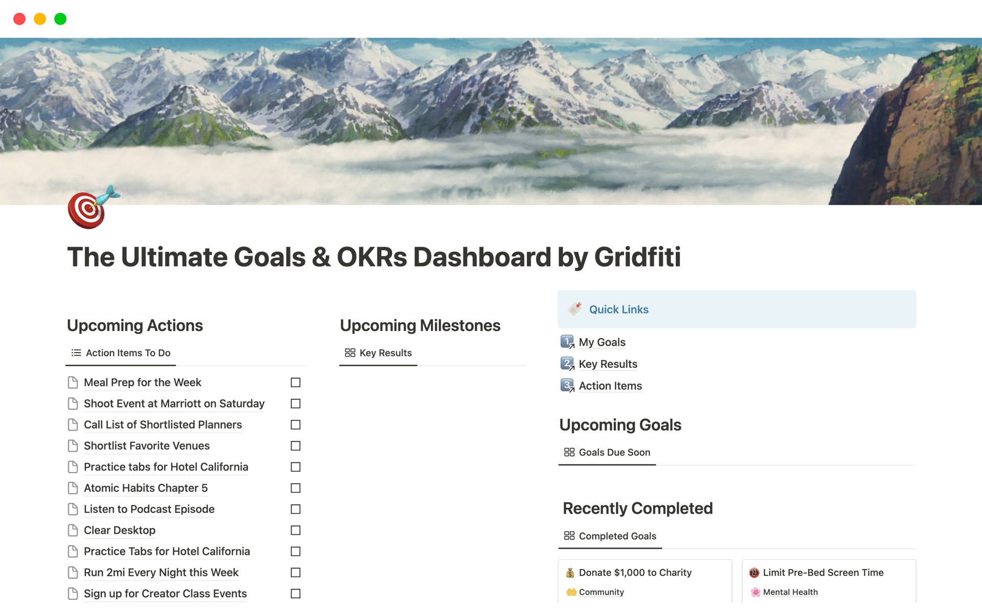 A template preview for The Ultimate Goals Dashboard by Gridfiti