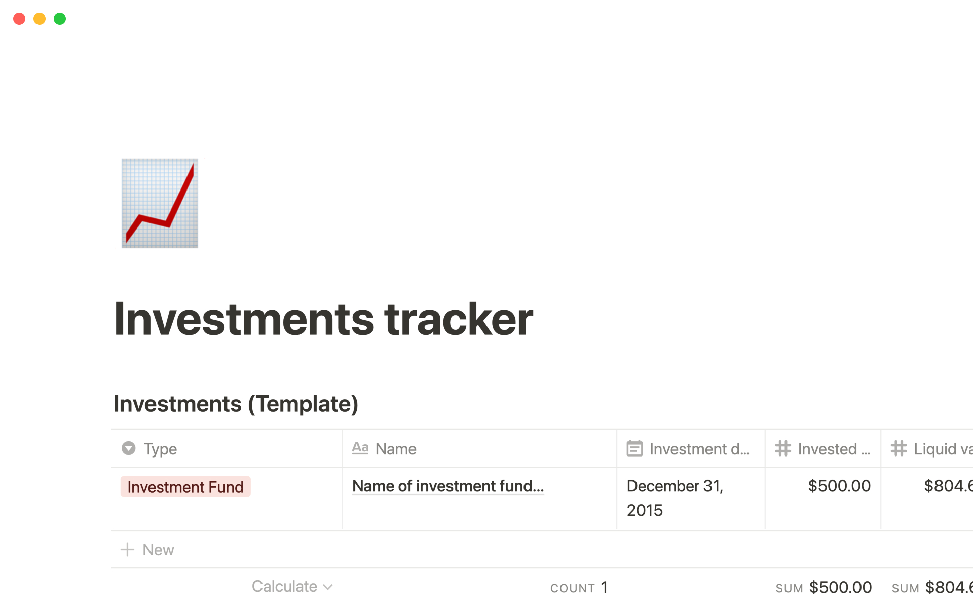 A template preview for Investments tracker