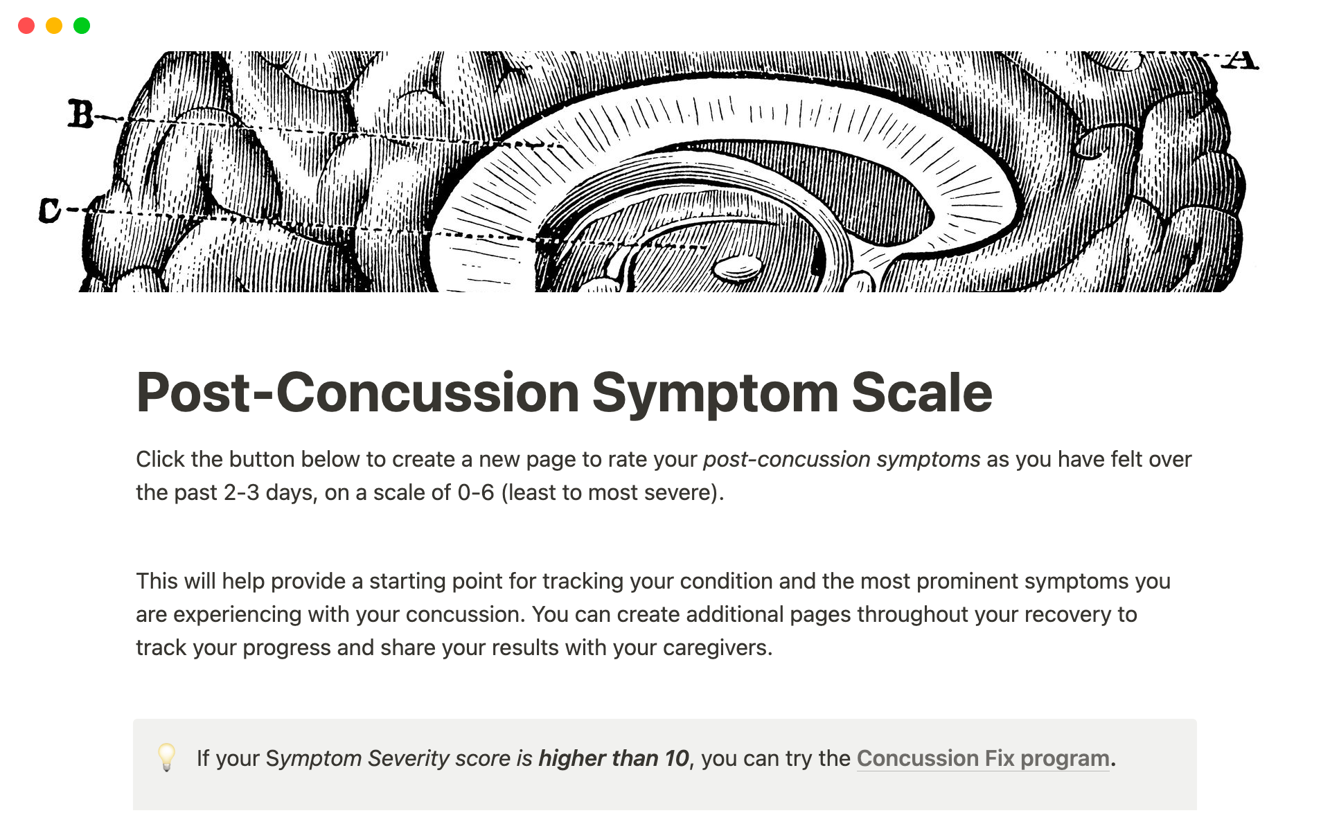 A template preview for Post-Concussion Symptom Scale
