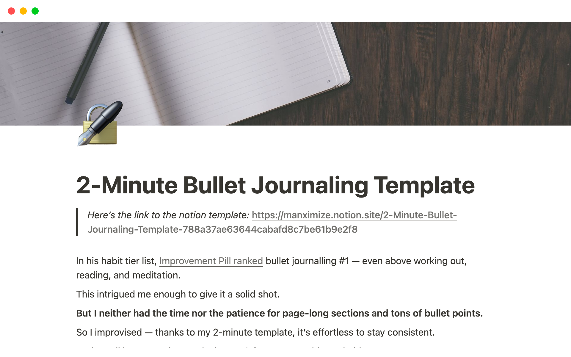 A template preview for 2-Minute Bullet Journaling Template