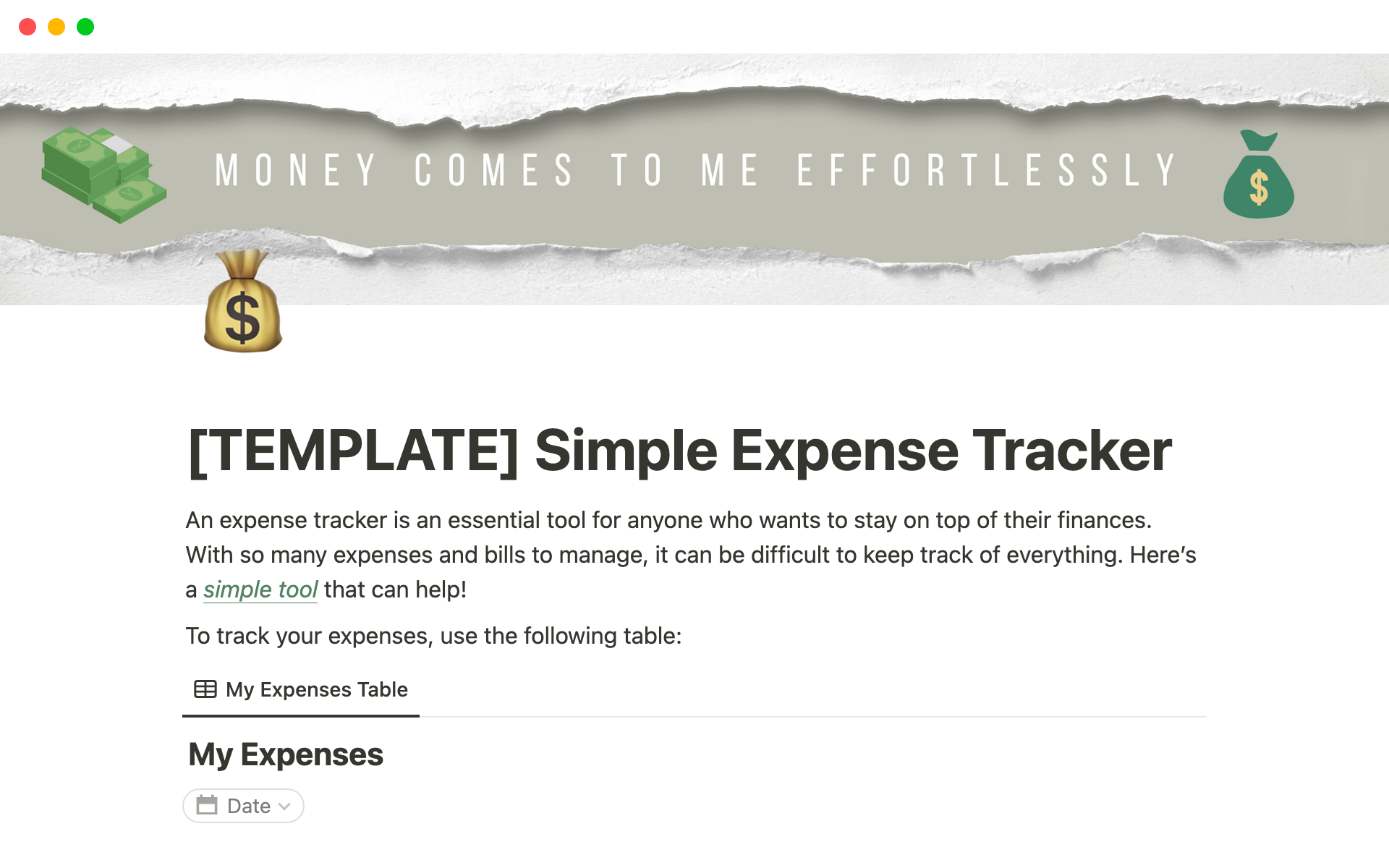 A template preview for Simple Expense Tracker