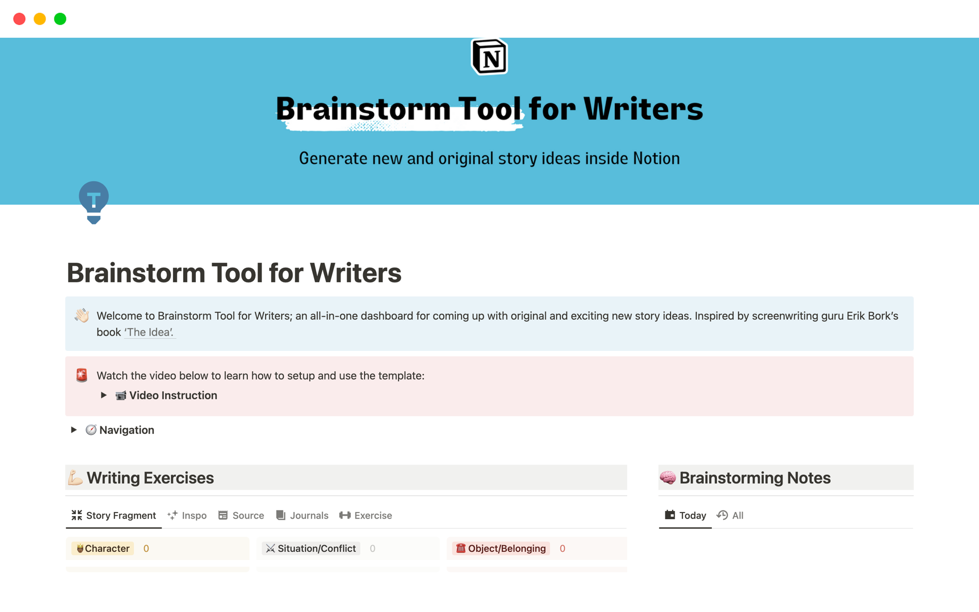 A template preview for Notion Brainstorming Tool for Writers