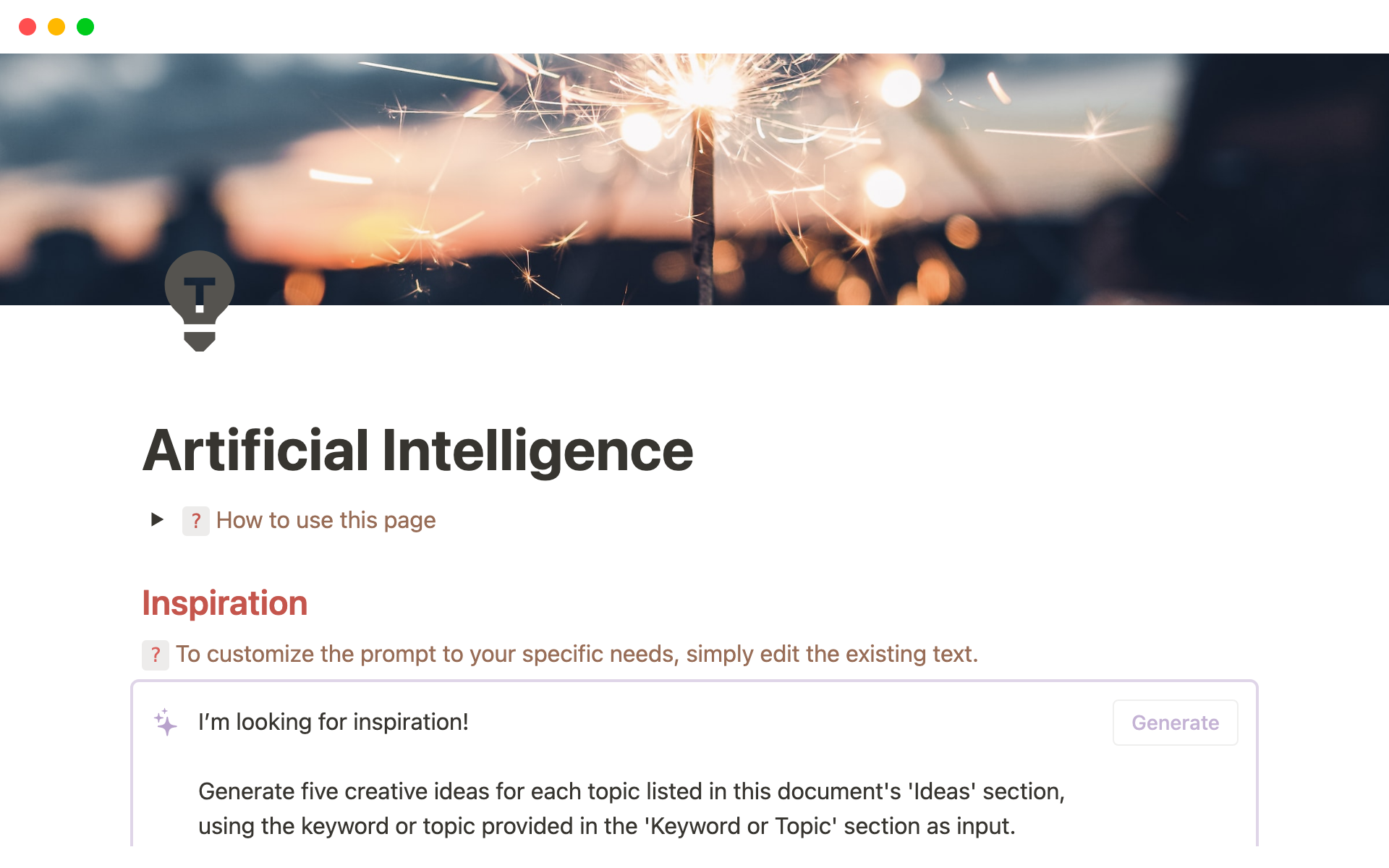 AI Mind Master template generates creative ideas for specific topics with the possibility of delving deeper into the topic.