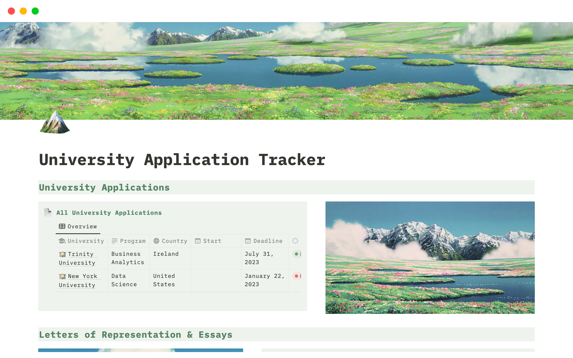 A template preview for Studio Ghibli University Application Tracker