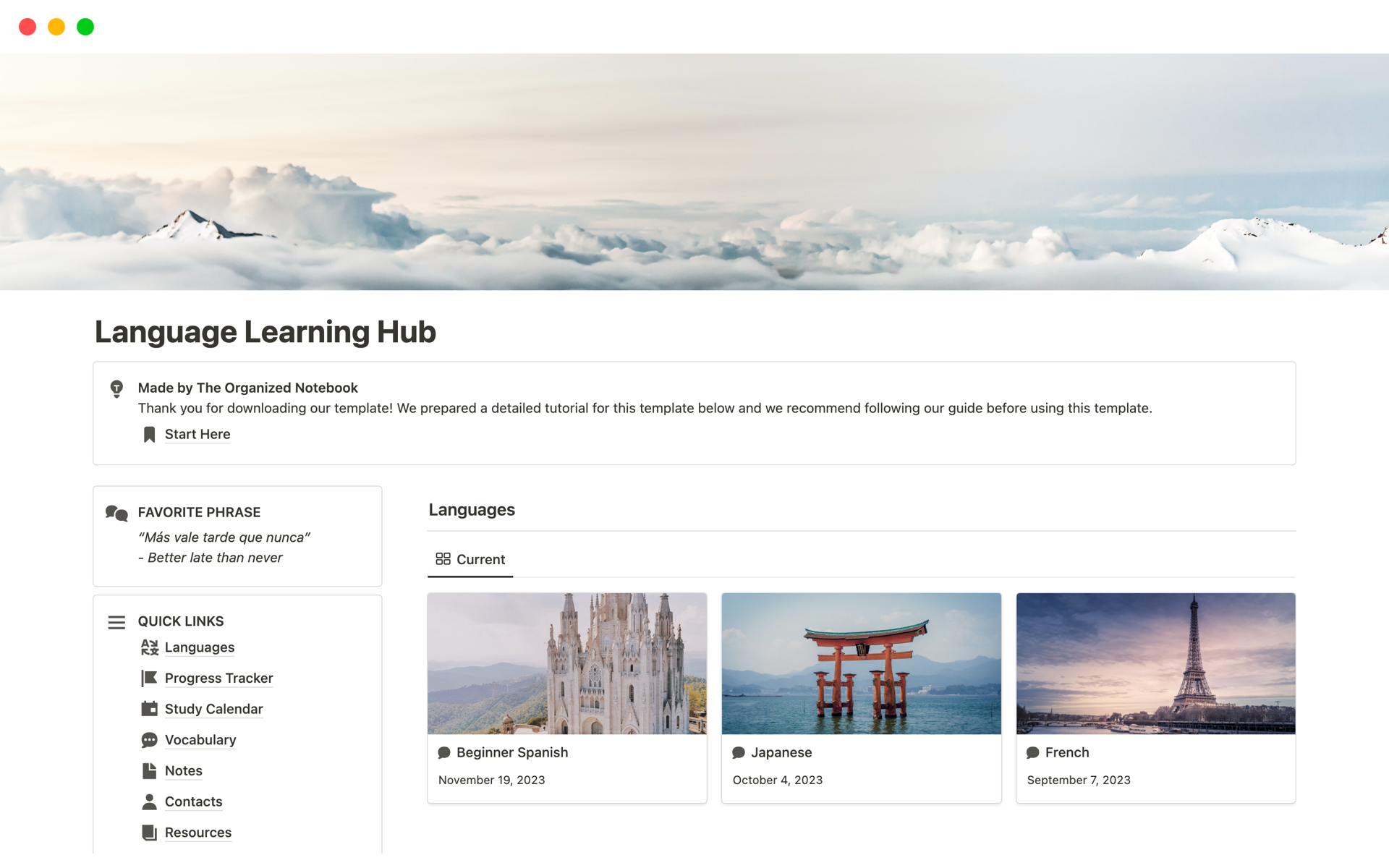 A template preview for Language Learning Hub