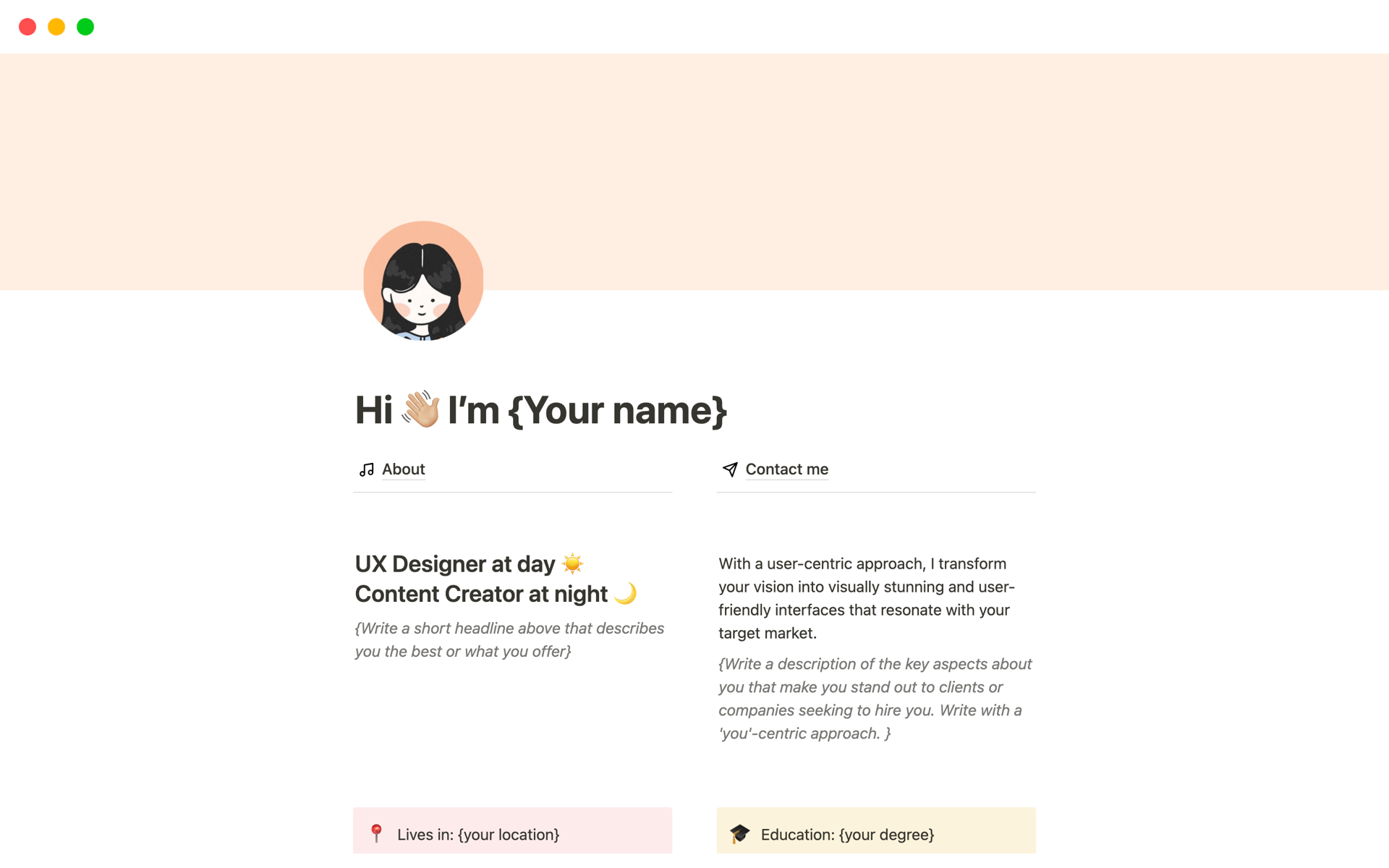 Get design portfolio template to showcase your featured projects and skills. 
✌🏼 The template is full of helpful tips, suggestions and example content