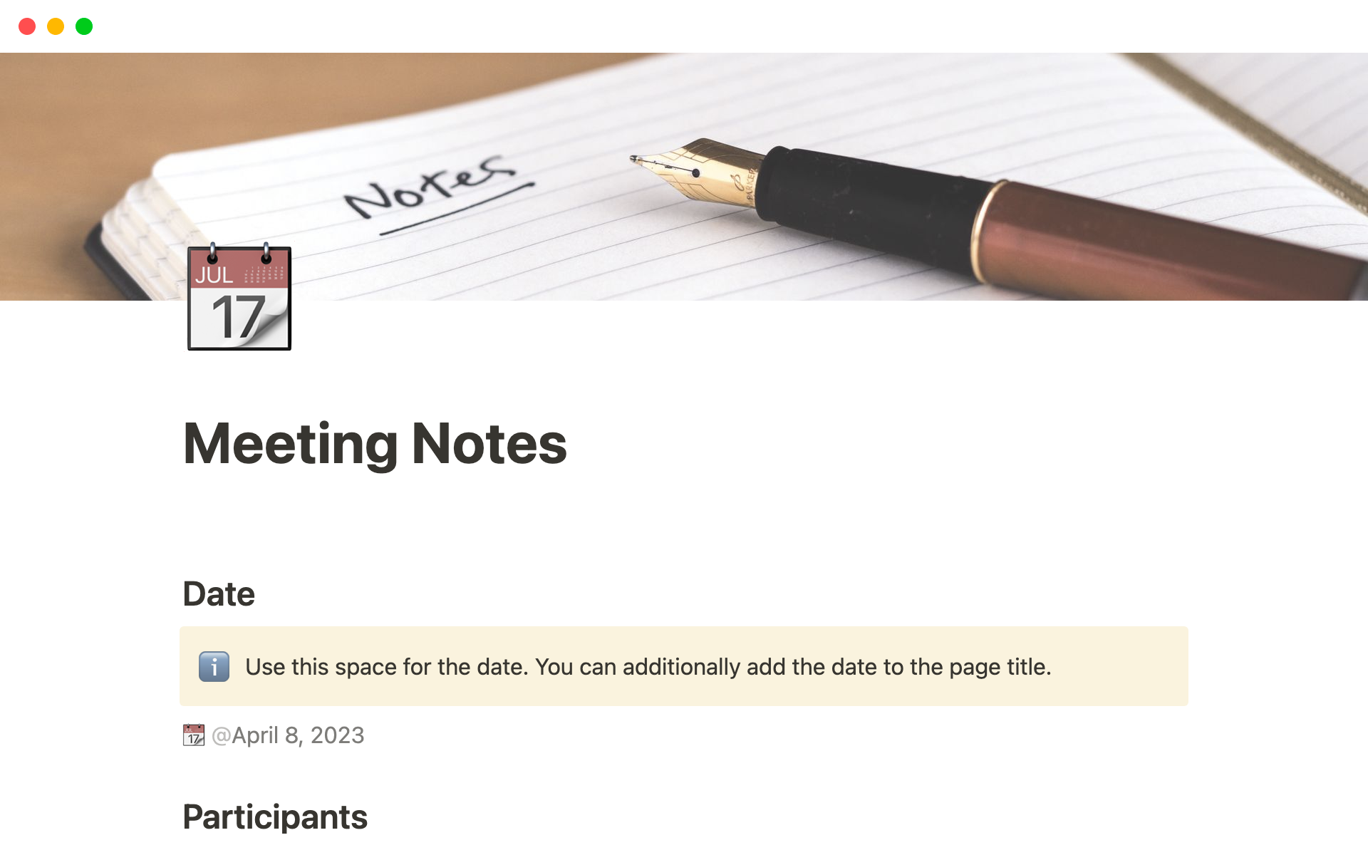 Eine Vorlagenvorschau für Meeting Notes