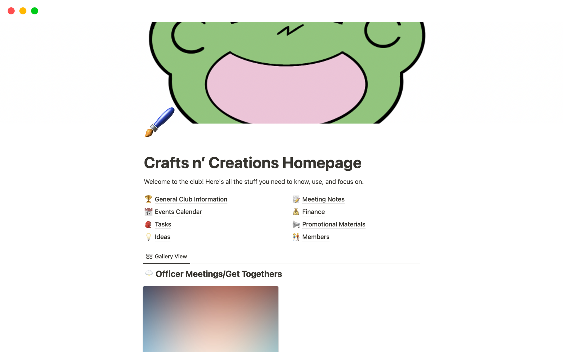 A template preview for Crafts n’ Creations Club Organization