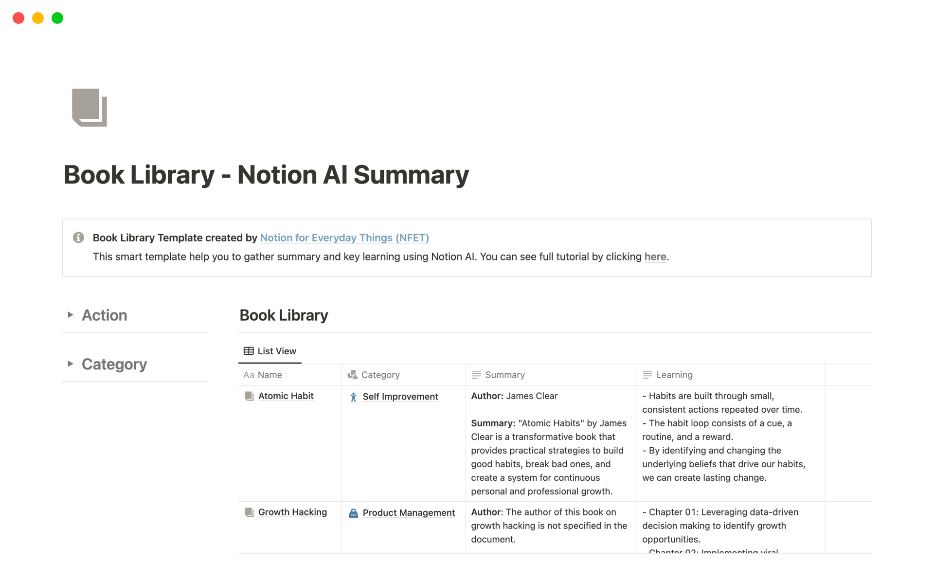 A template preview for Book Library with AI Summary