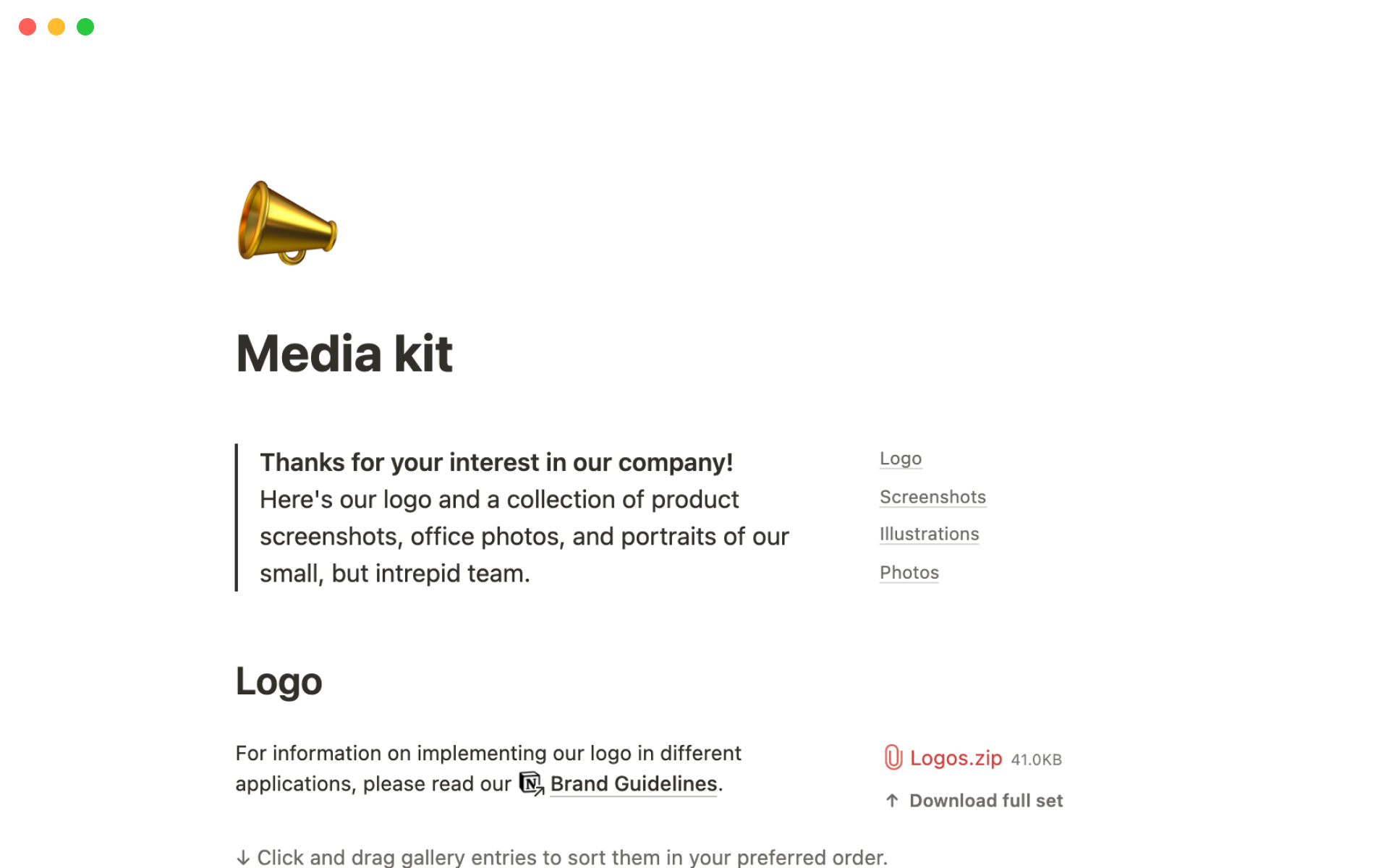 A template preview for Notion's media kit