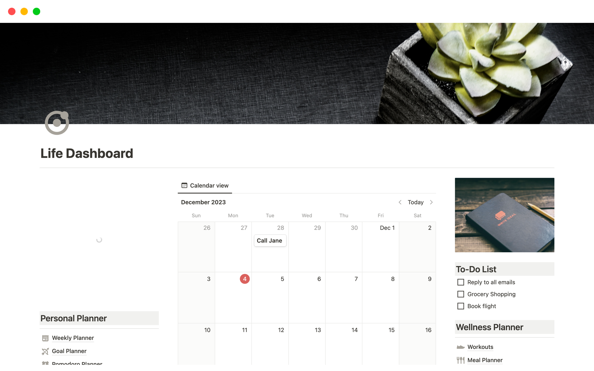 A template preview for Life Dashboard, Ultimate Life Planner