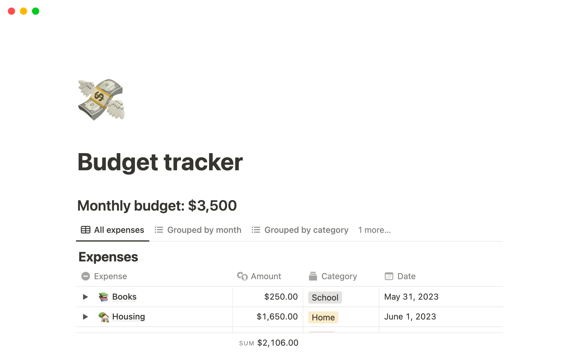 A template preview for Budget tracker