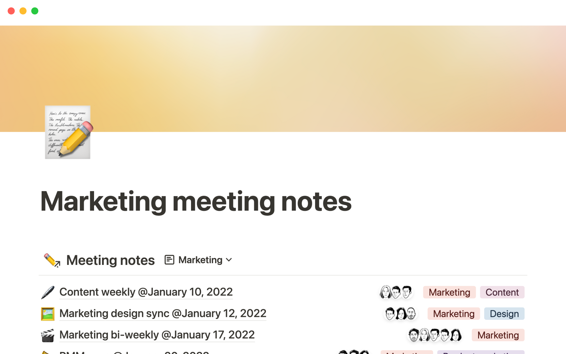 A template preview for Notion’s marketing meeting notes