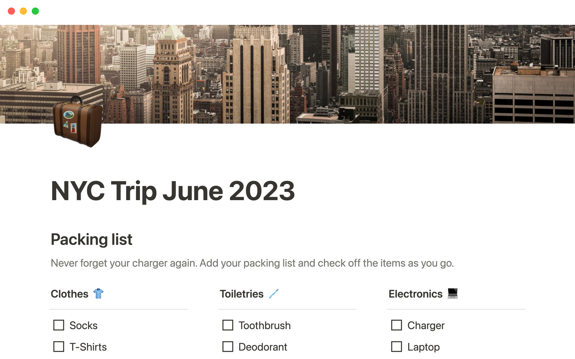A template preview for Notion's trip planner