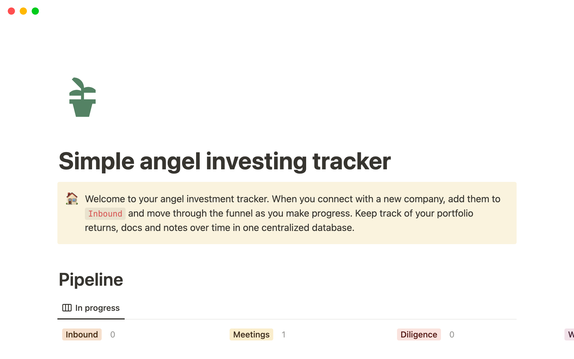 A template preview for Simple angel investing tracker